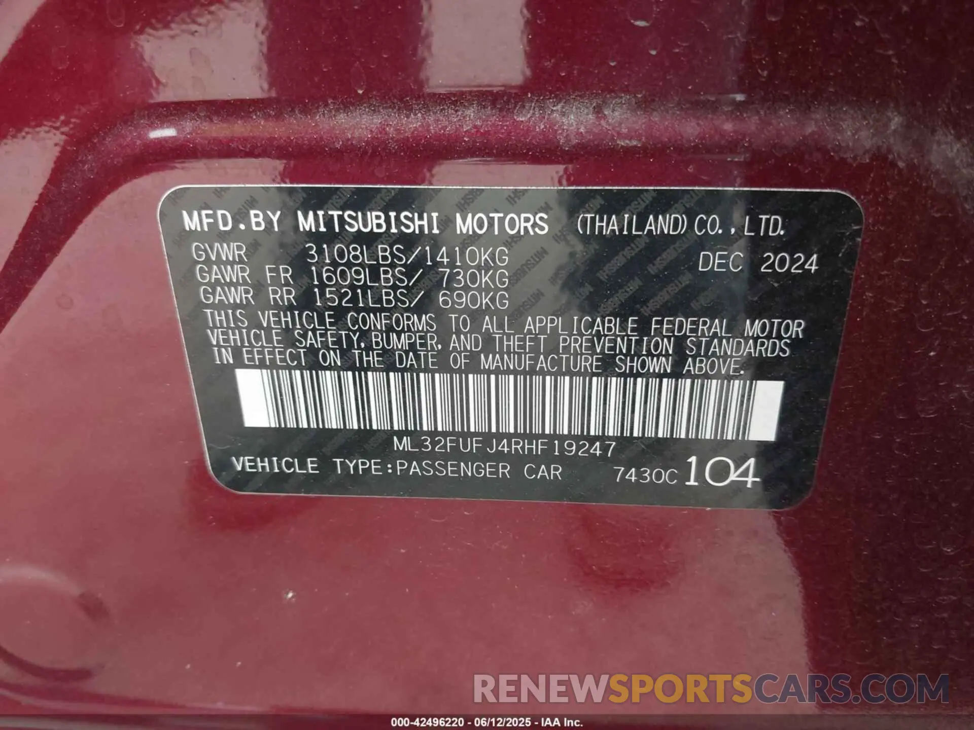 9 fotografías del automóvil dañado ML32FUFJ4RHF19247 MITSUBISHI MIRAGE G4 2024