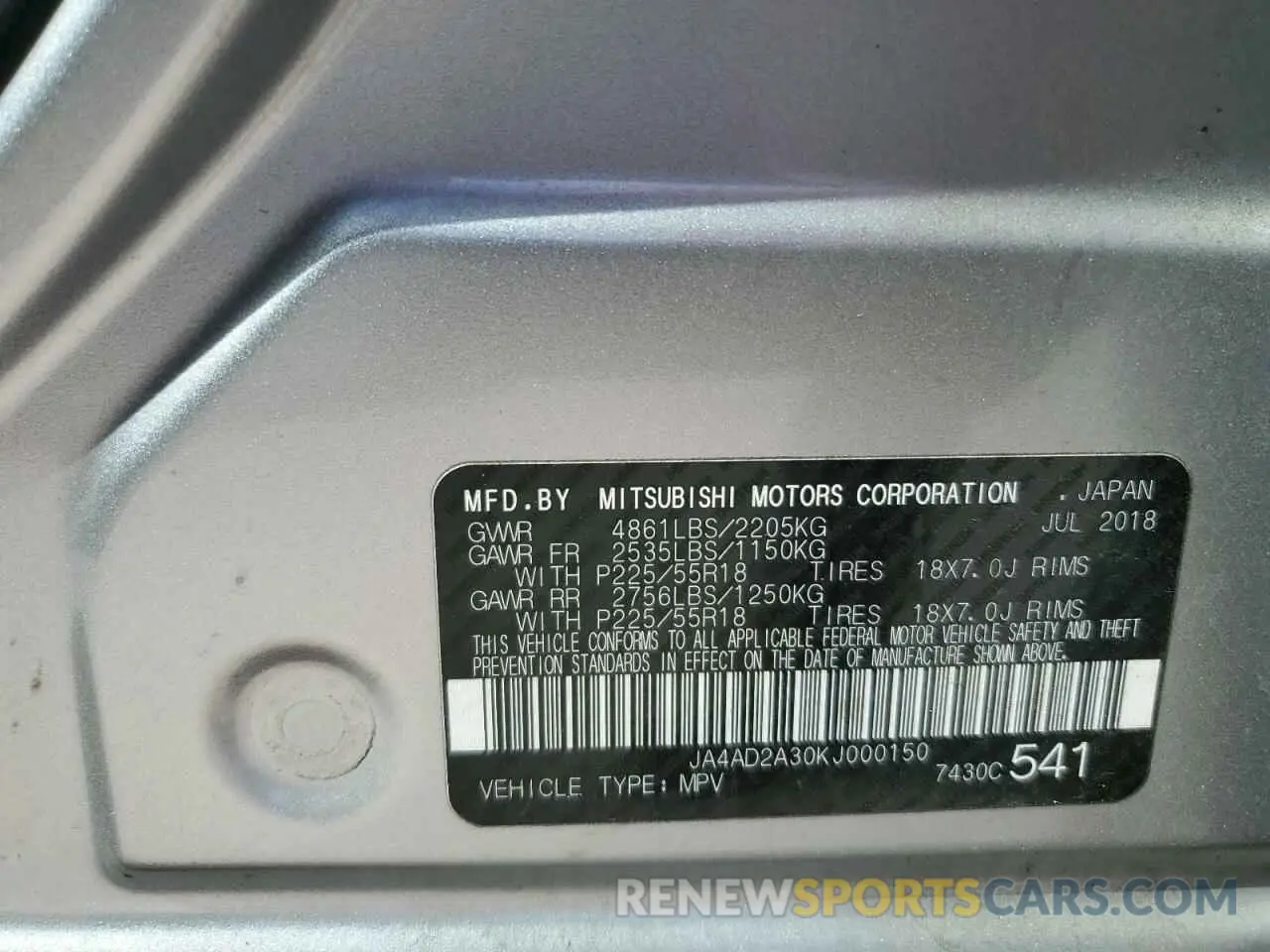 15 fotografías del automóvil dañado JA4AD2A30KJ000150 MITSUBISHI OUTLANDER 2019
