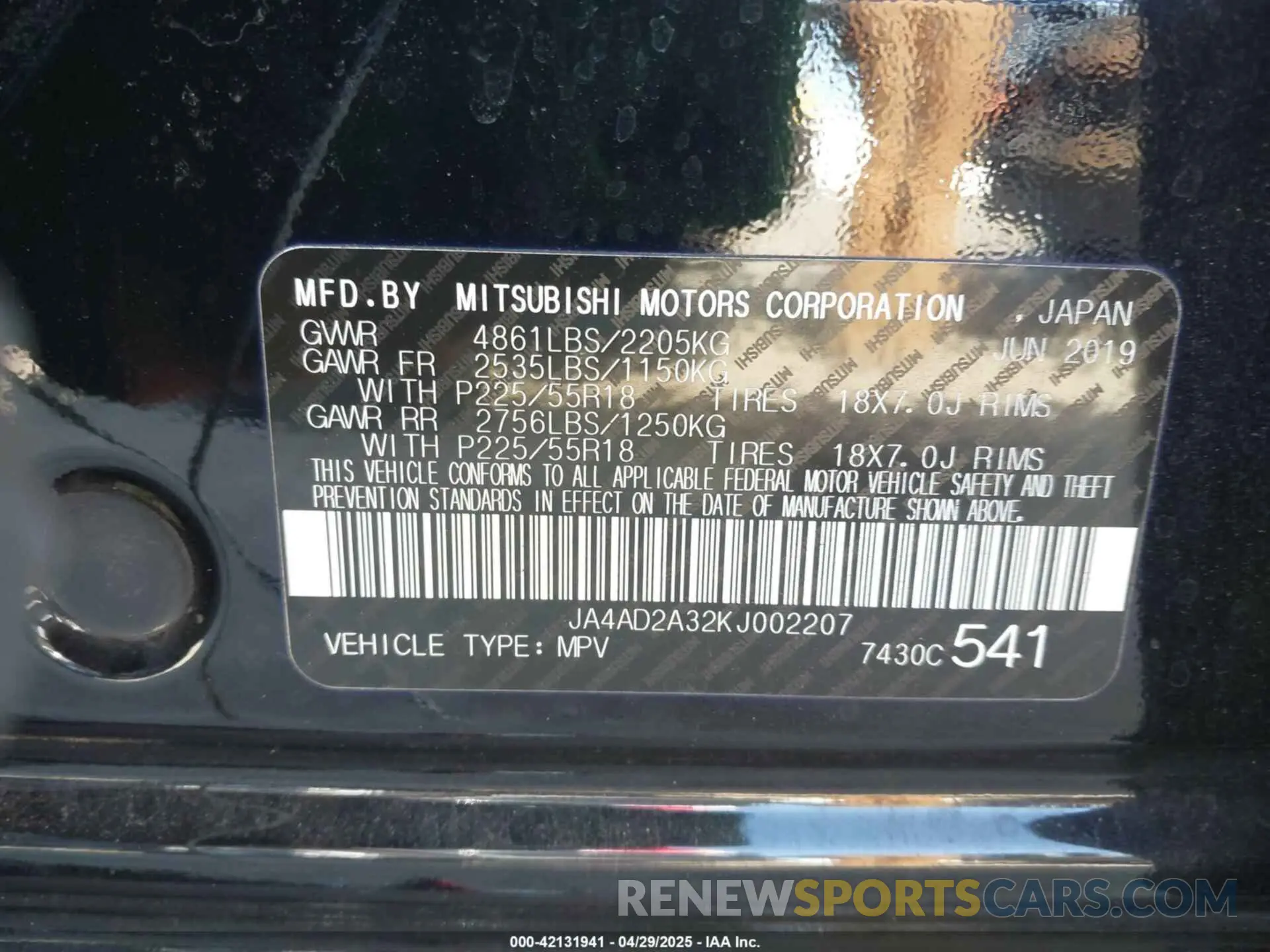 9 fotografías del automóvil dañado JA4AD2A32KJ002207 MITSUBISHI OUTLANDER 2019