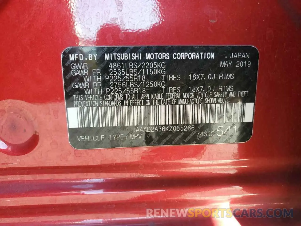 13 fotografías del automóvil dañado JA4AD2A36KZ055266 MITSUBISHI OUTLANDER 2019