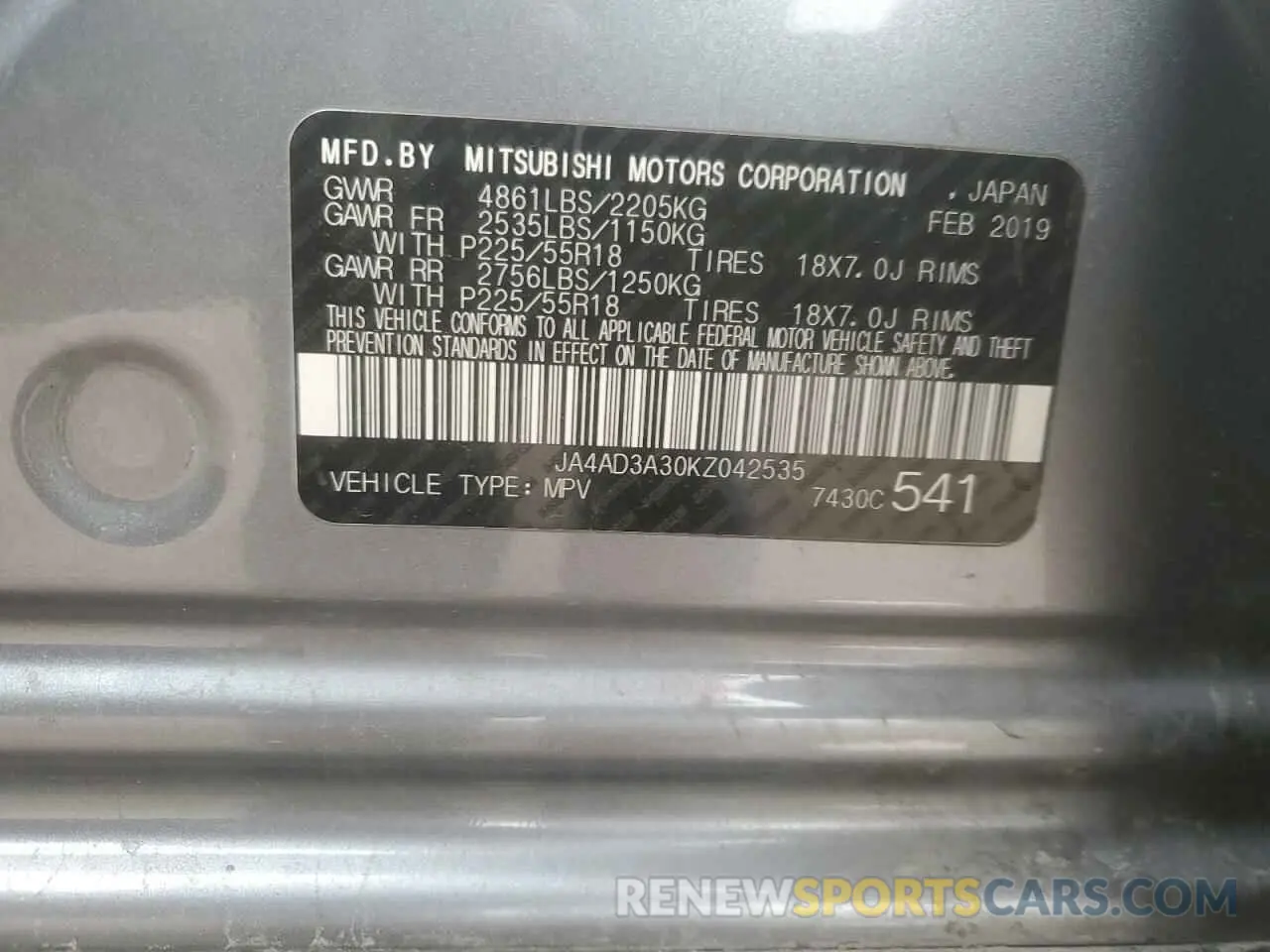 16 fotografías del automóvil dañado JA4AD3A30KZ042535 MITSUBISHI OUTLANDER 2019