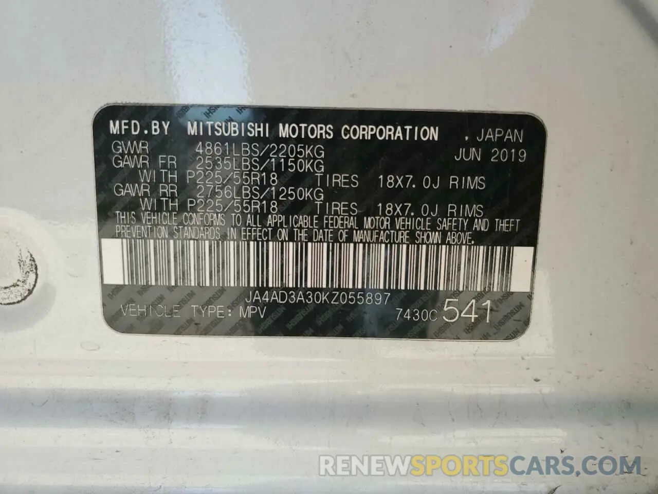 15 fotografías del automóvil dañado JA4AD3A30KZ055897 MITSUBISHI OUTLANDER 2019
