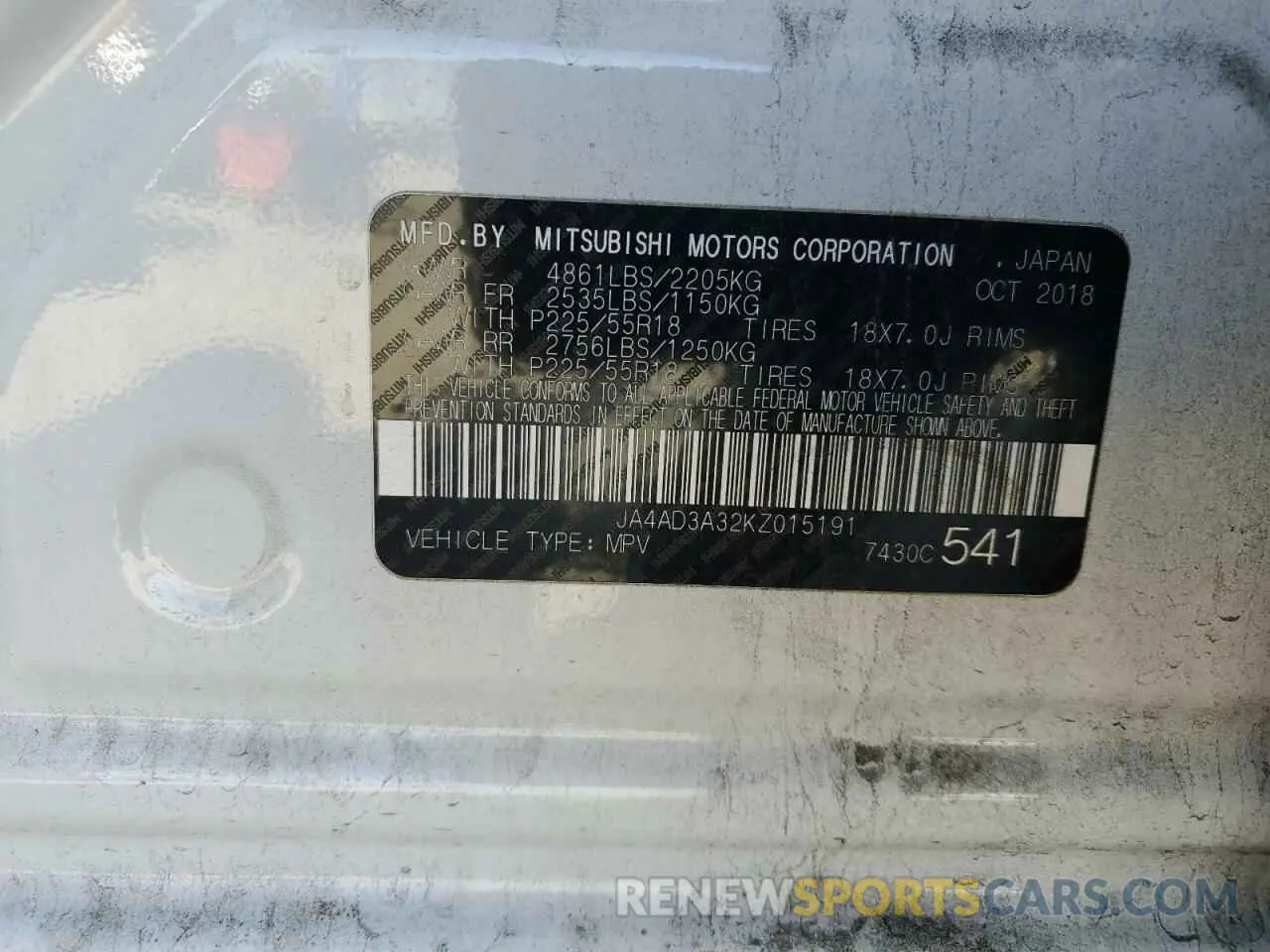 14 fotografías del automóvil dañado JA4AD3A32KZ015191 MITSUBISHI OUTLANDER 2019