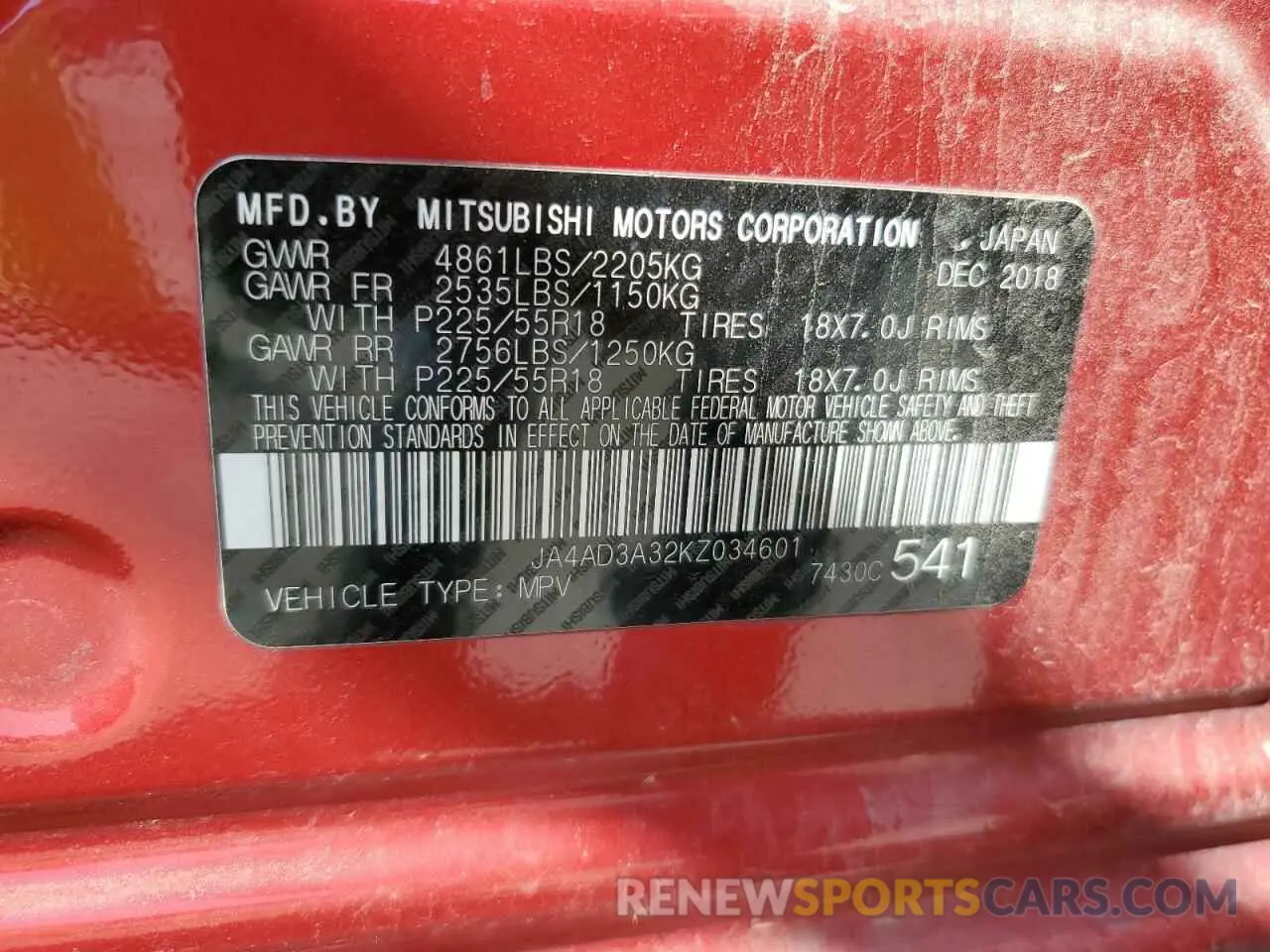 13 fotografías del automóvil dañado JA4AD3A32KZ034601 MITSUBISHI OUTLANDER 2019