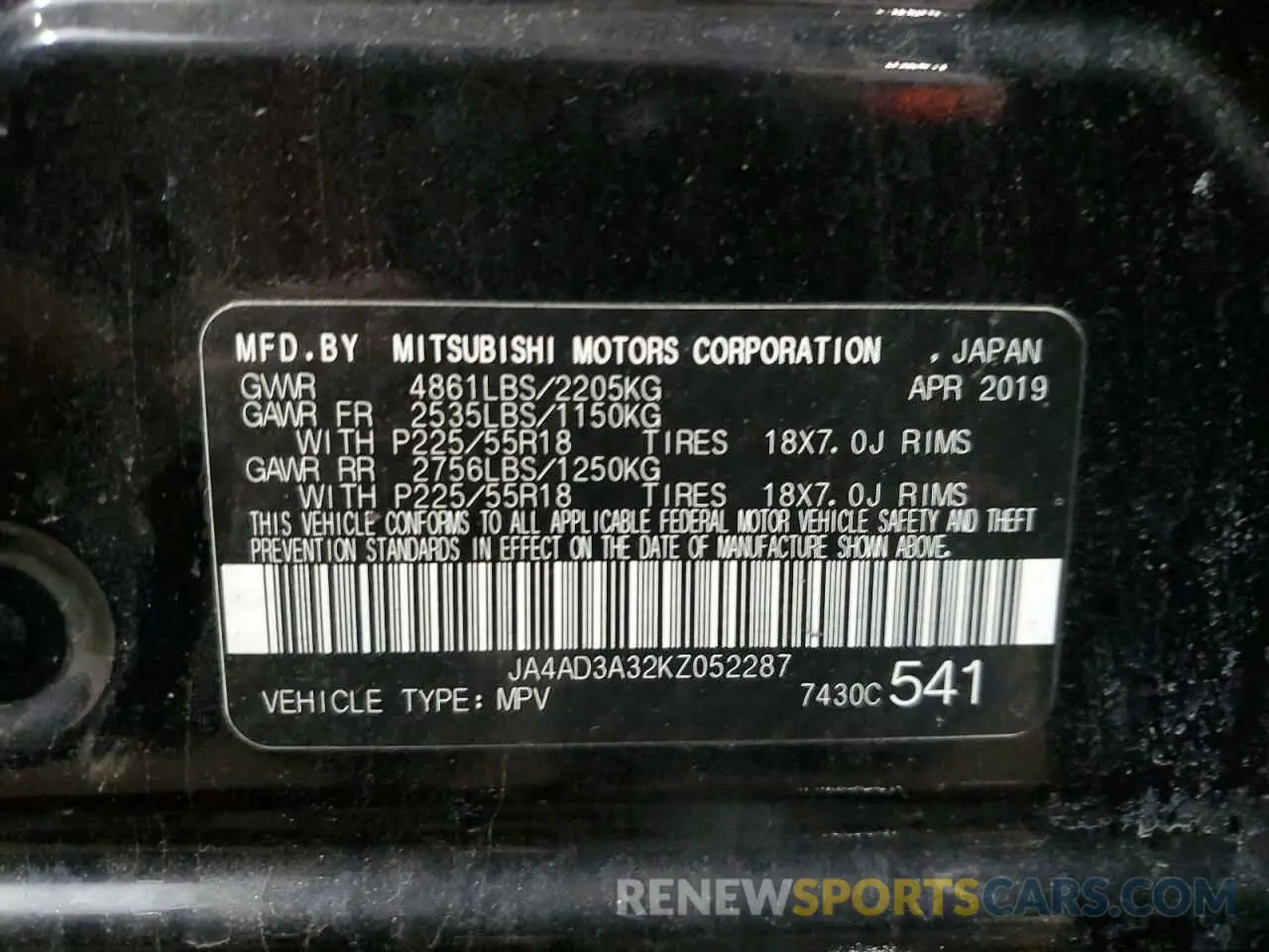 13 fotografías del automóvil dañado JA4AD3A32KZ052287 MITSUBISHI OUTLANDER 2019