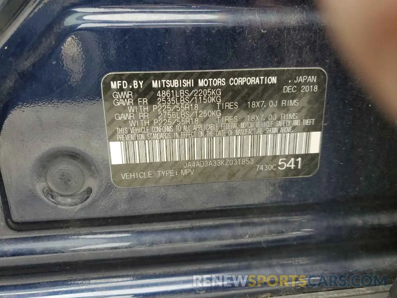 13 fotografías del automóvil dañado JA4AD3A33KZ031853 MITSUBISHI OUTLANDER 2019