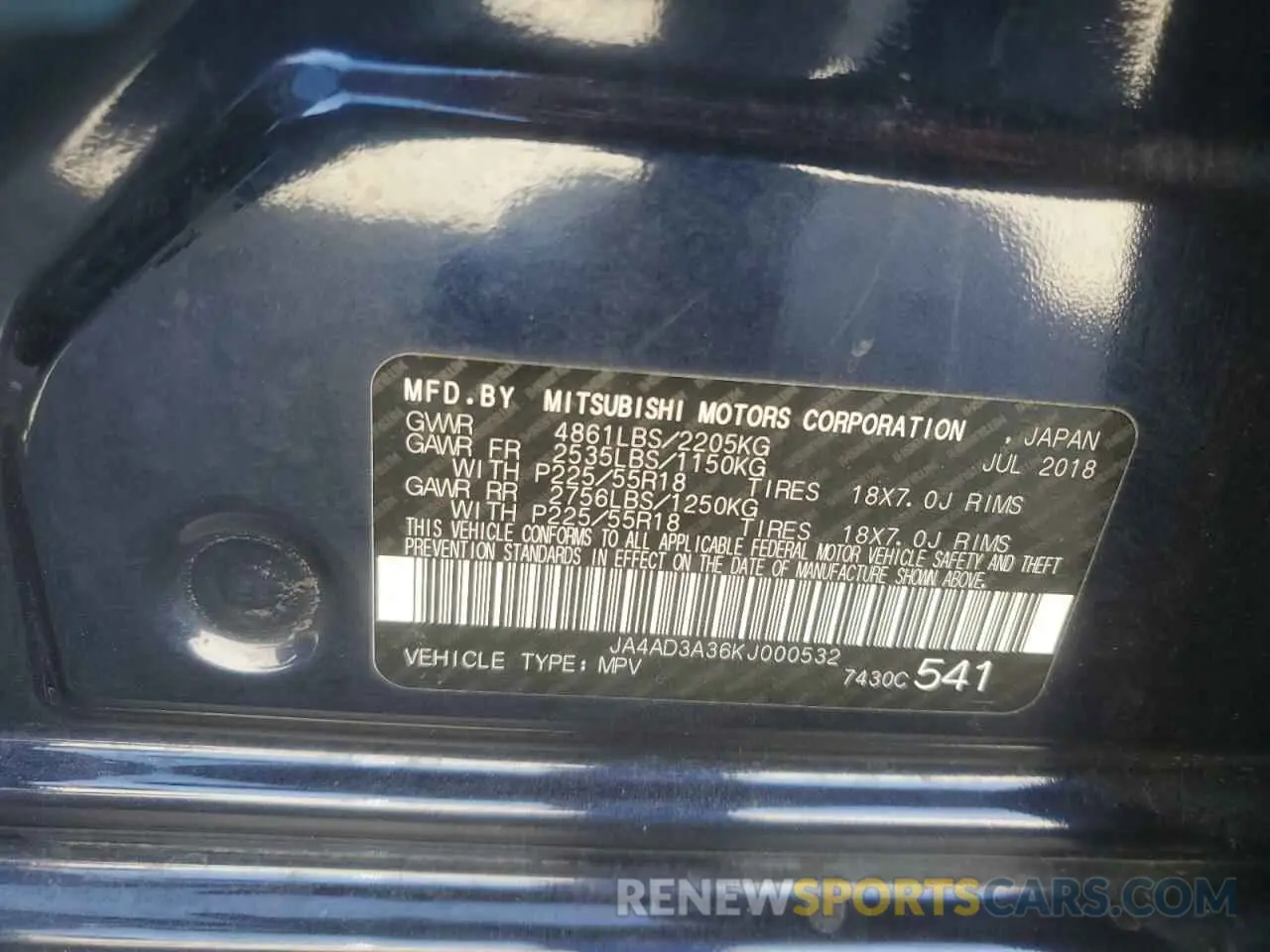 15 fotografías del automóvil dañado JA4AD3A36KJ000532 MITSUBISHI OUTLANDER 2019