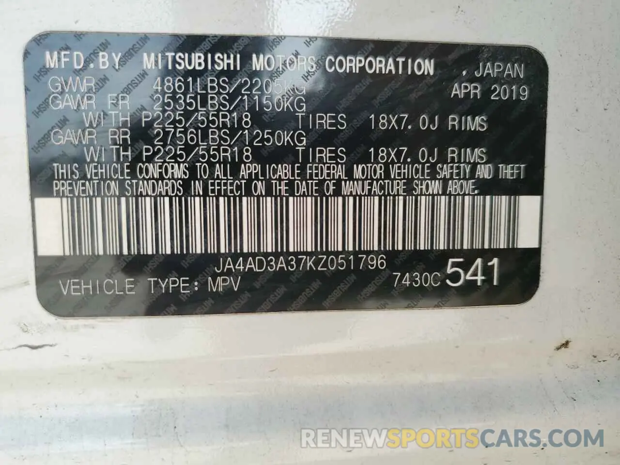 14 fotografías del automóvil dañado JA4AD3A37KZ051796 MITSUBISHI OUTLANDER 2019