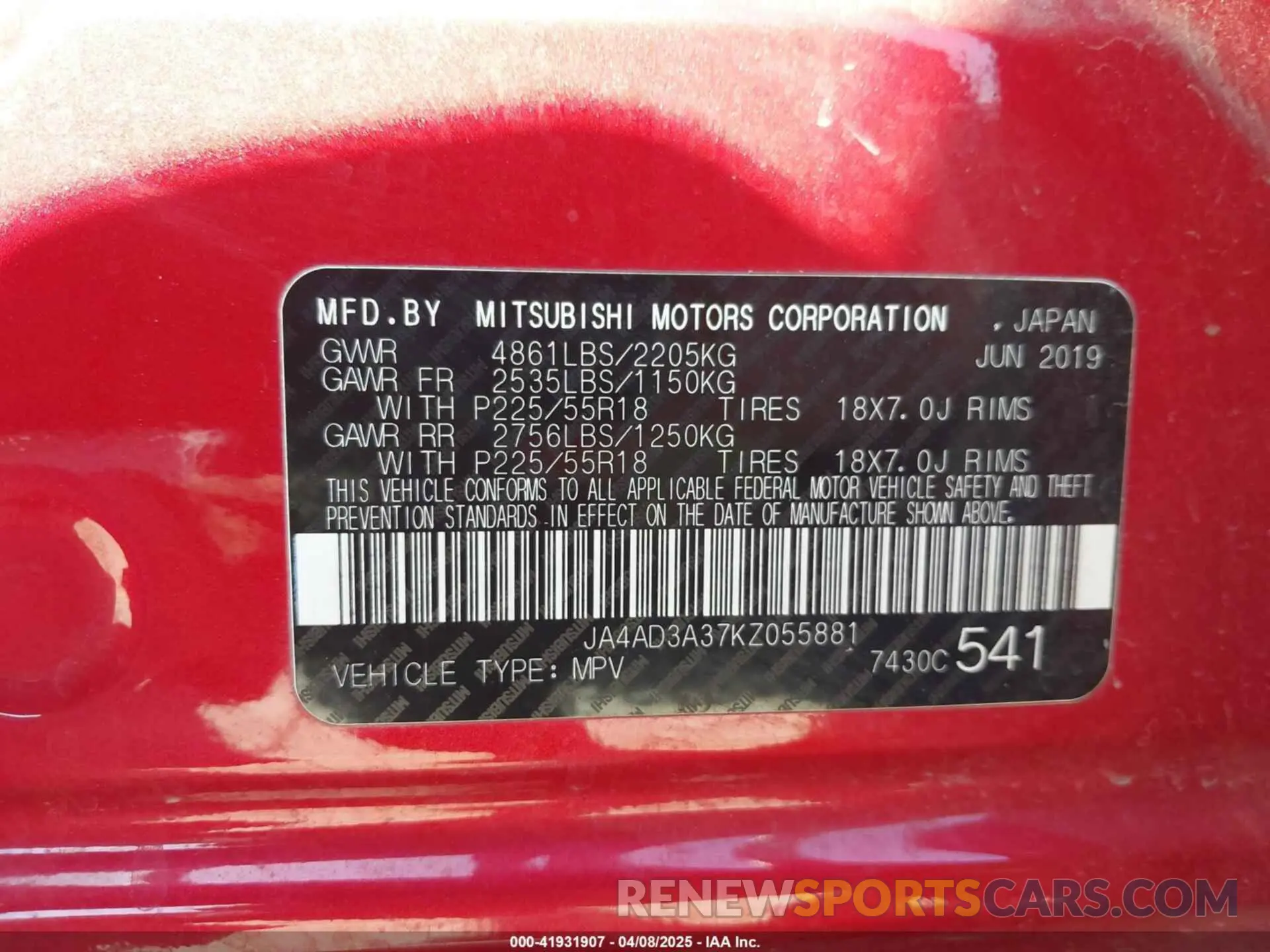 9 fotografías del automóvil dañado JA4AD3A37KZ055881 MITSUBISHI OUTLANDER 2019