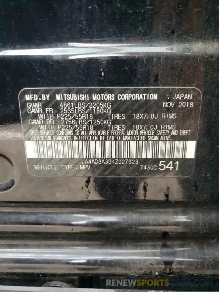 14 fotografías del automóvil dañado JA4AD3A39KZ027323 MITSUBISHI OUTLANDER 2019