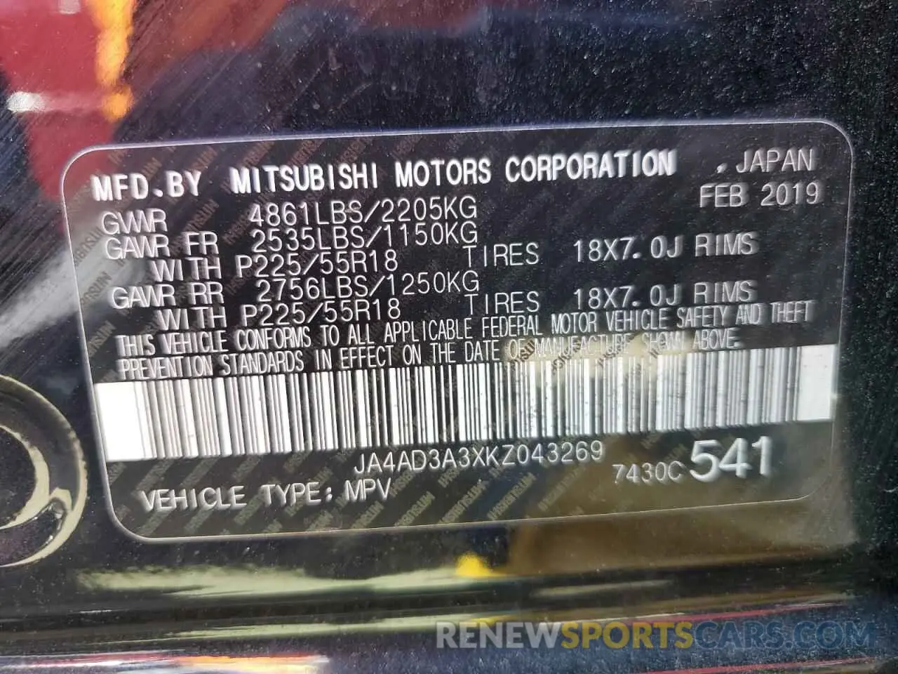 12 fotografías del automóvil dañado JA4AD3A3XKZ043269 MITSUBISHI OUTLANDER 2019