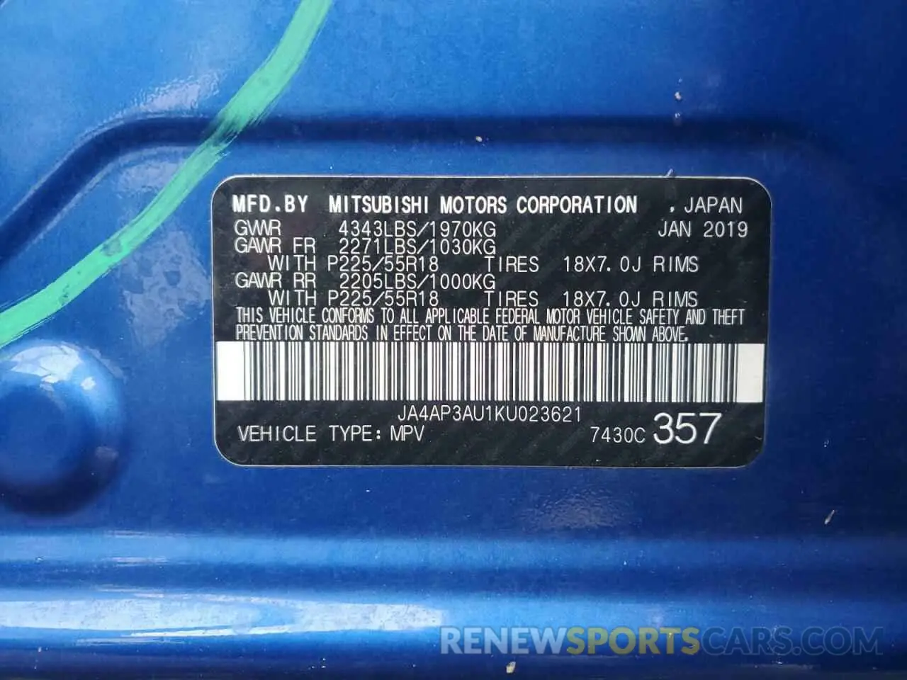 13 fotografías del automóvil dañado JA4AP3AU1KU023621 MITSUBISHI OUTLANDER 2019
