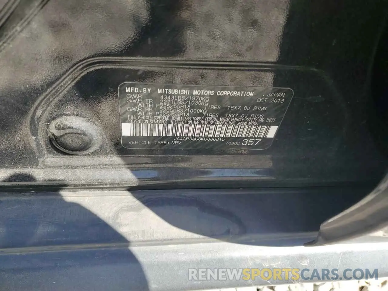 14 fotografías del automóvil dañado JA4AP3AU6KU006815 MITSUBISHI OUTLANDER 2019