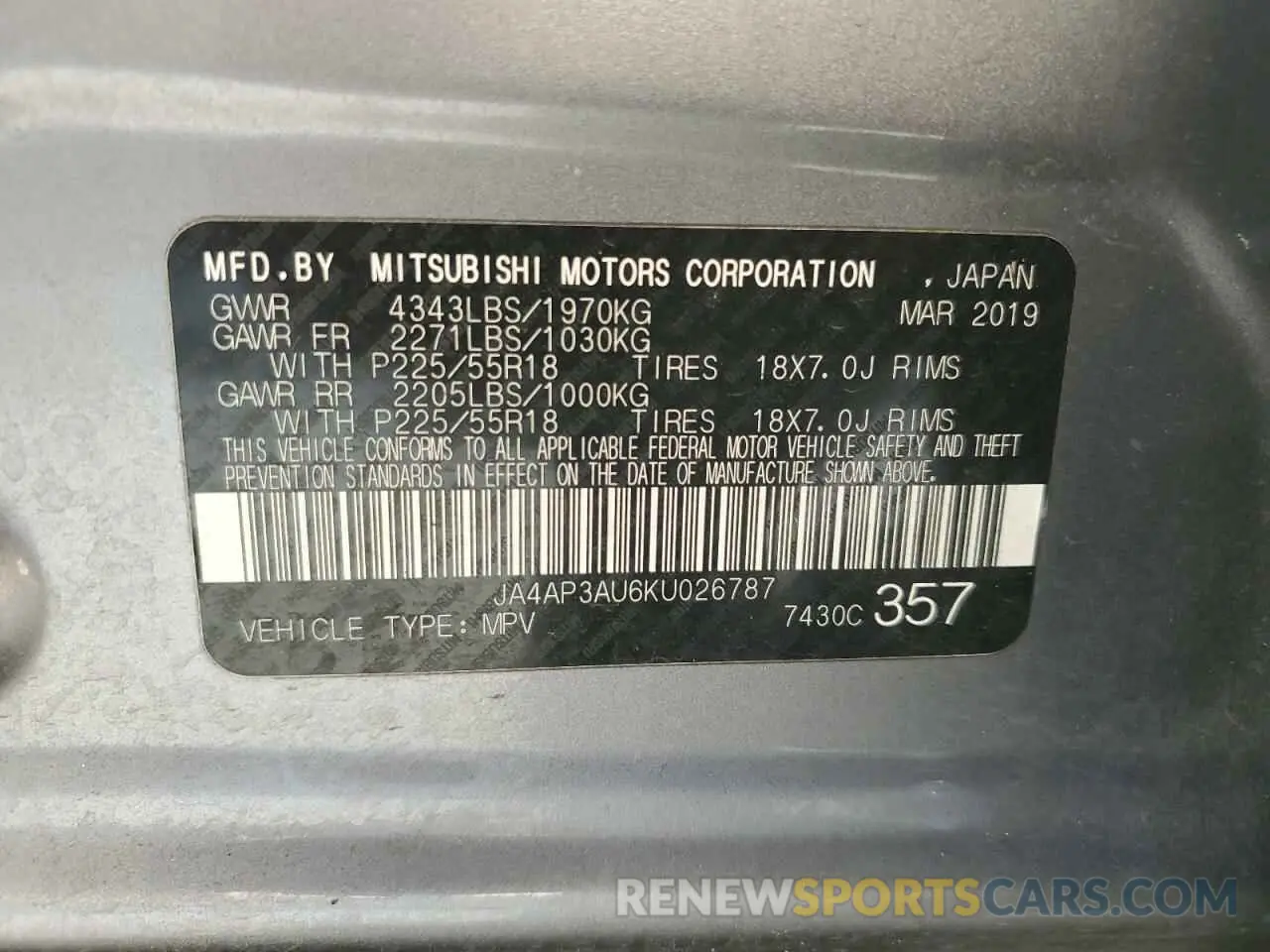 13 fotografías del automóvil dañado JA4AP3AU6KU026787 MITSUBISHI OUTLANDER 2019