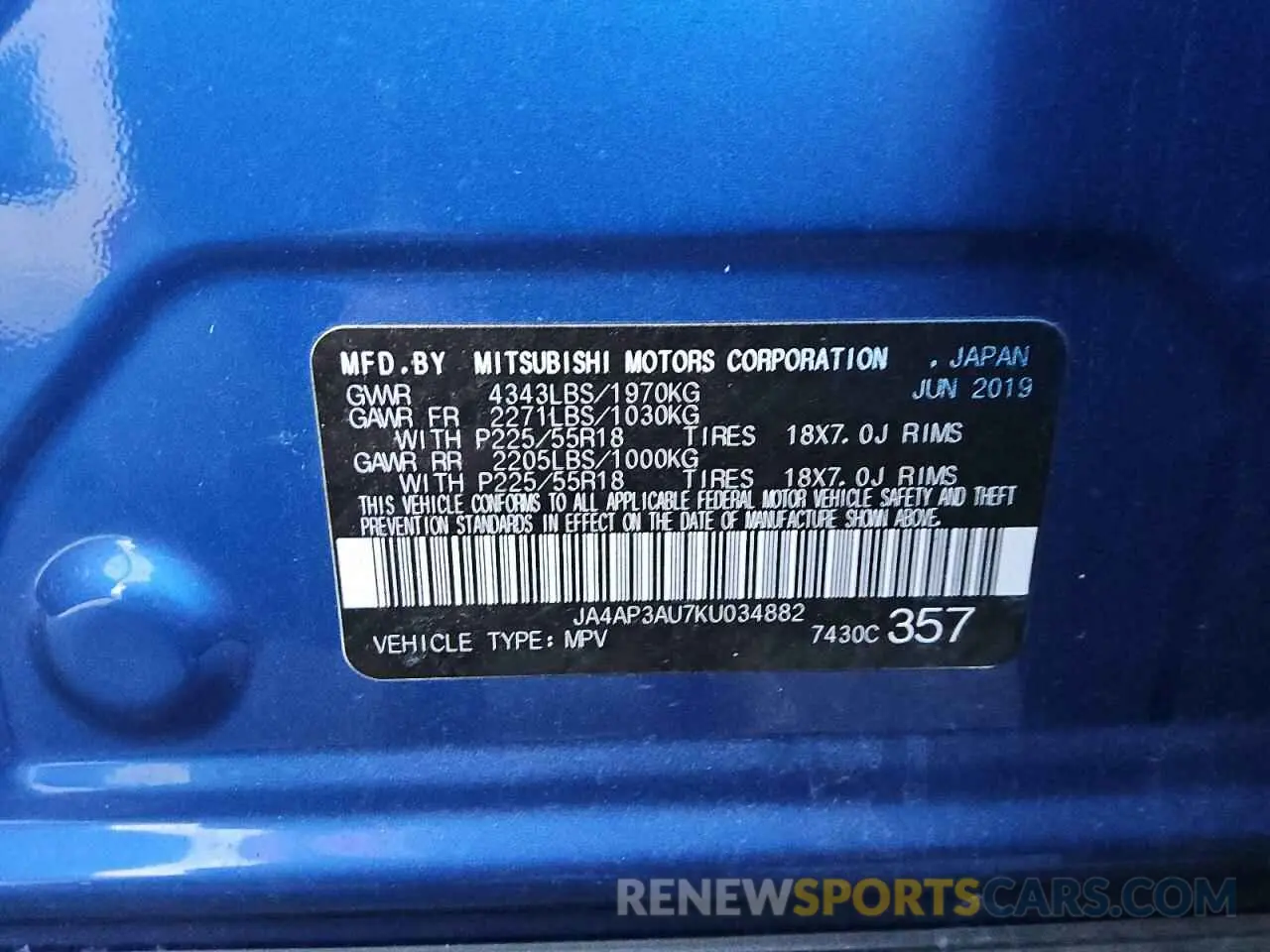 13 fotografías del automóvil dañado JA4AP3AU7KU034882 MITSUBISHI OUTLANDER 2019