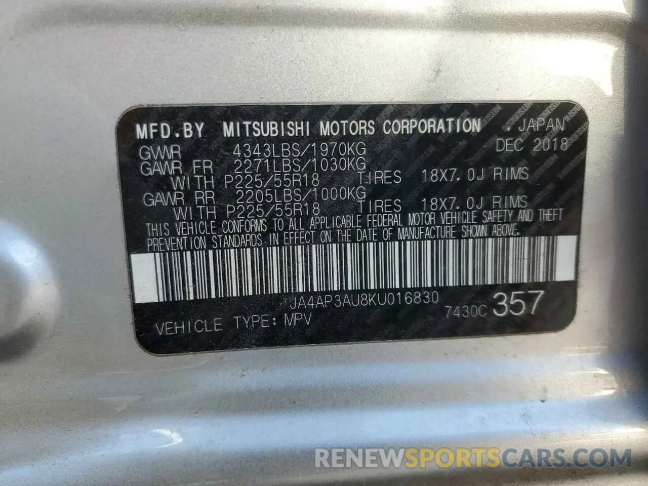 13 fotografías del automóvil dañado JA4AP3AU8KU016830 MITSUBISHI OUTLANDER 2019