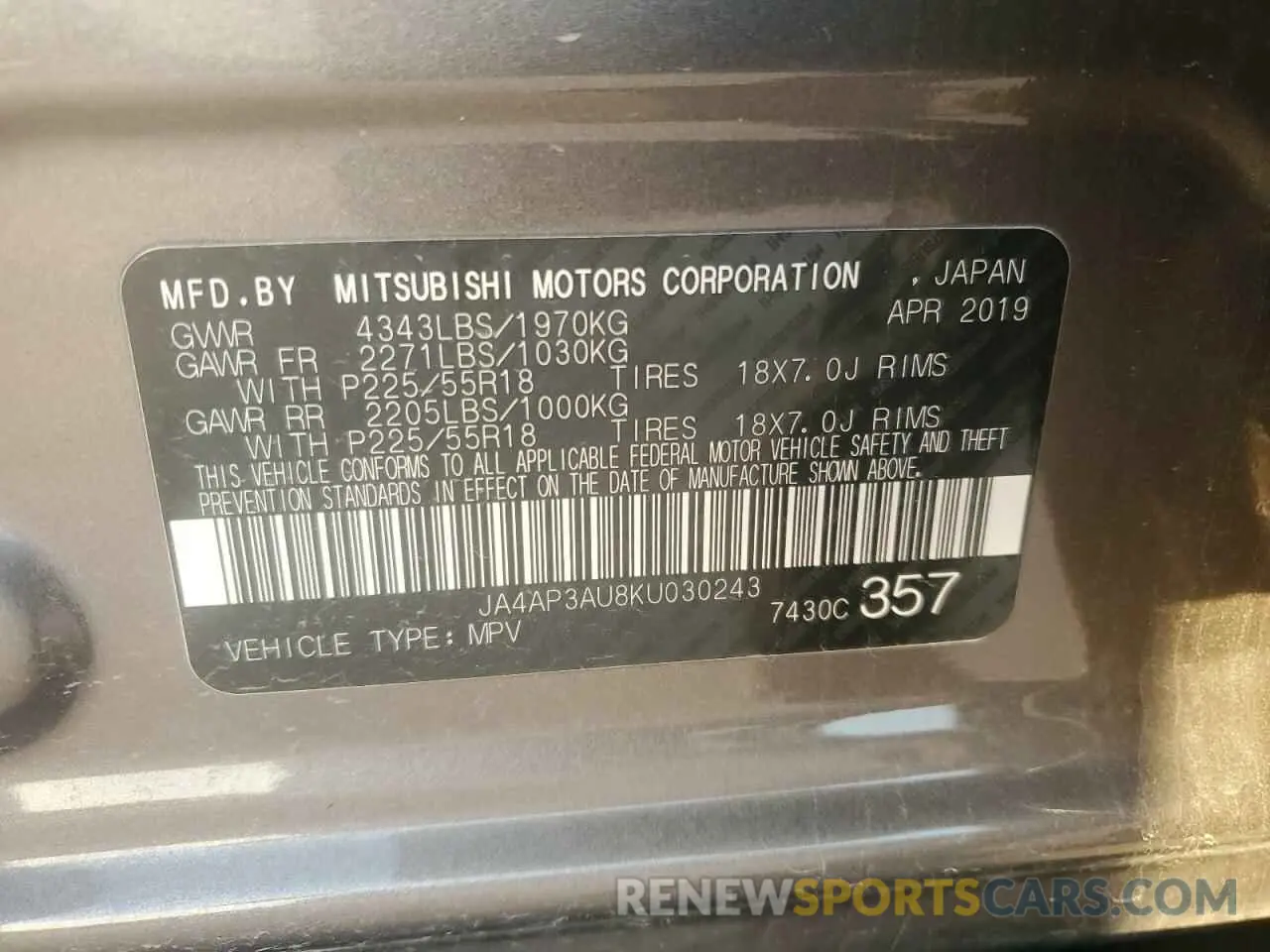 13 fotografías del automóvil dañado JA4AP3AU8KU030243 MITSUBISHI OUTLANDER 2019