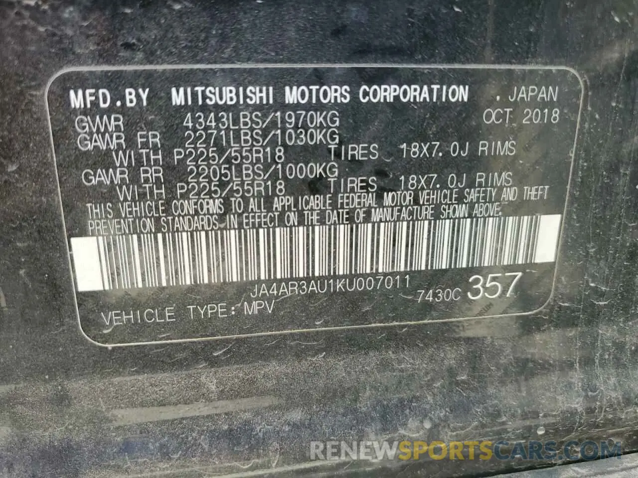 13 fotografías del automóvil dañado JA4AR3AU1KU007011 MITSUBISHI OUTLANDER 2019