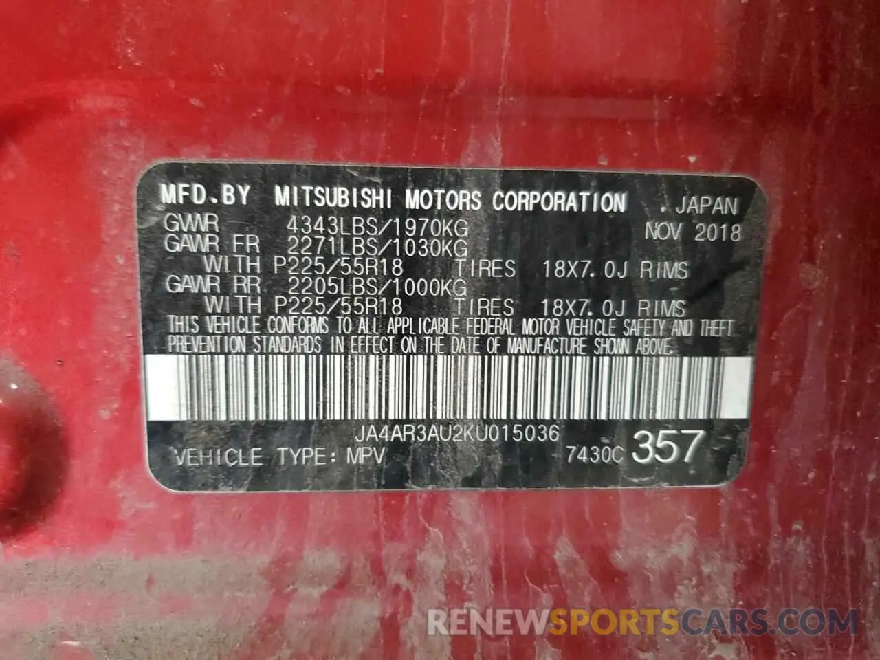14 fotografías del automóvil dañado JA4AR3AU2KU015036 MITSUBISHI OUTLANDER 2019