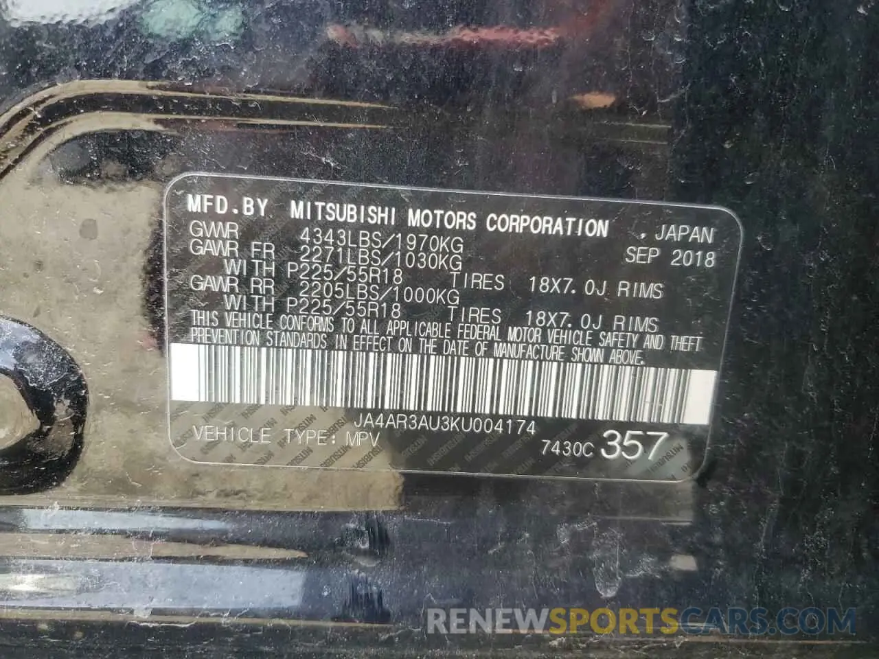 15 fotografías del automóvil dañado JA4AR3AU3KU004174 MITSUBISHI OUTLANDER 2019