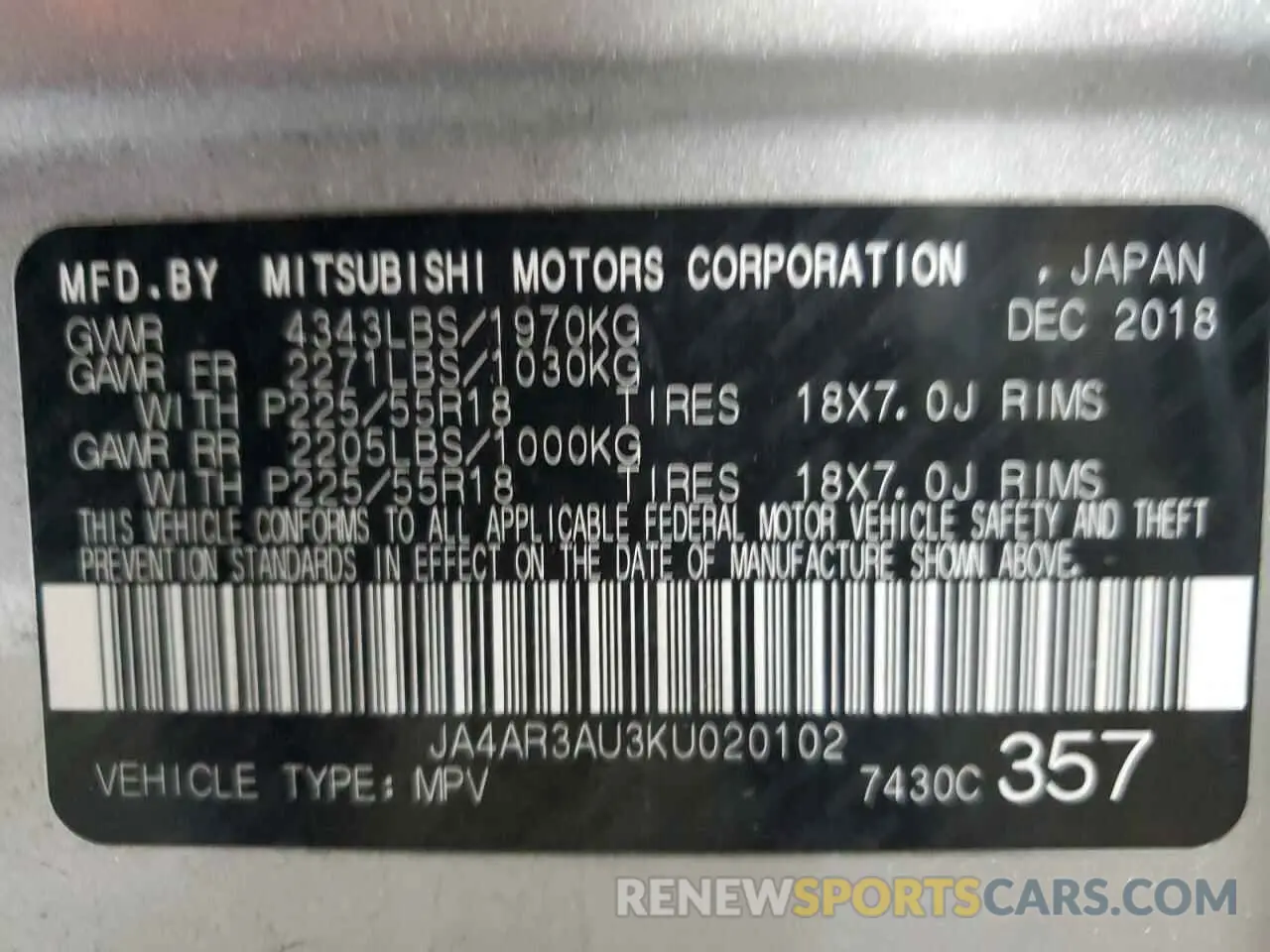 13 fotografías del automóvil dañado JA4AR3AU3KU020102 MITSUBISHI OUTLANDER 2019