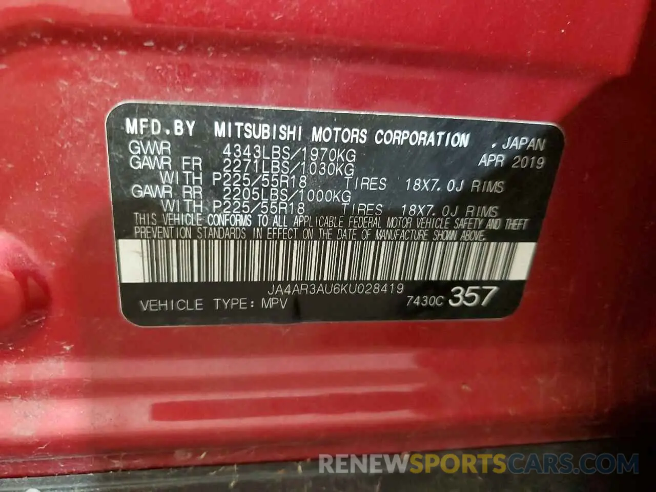 13 fotografías del automóvil dañado JA4AR3AU6KU028419 MITSUBISHI OUTLANDER 2019