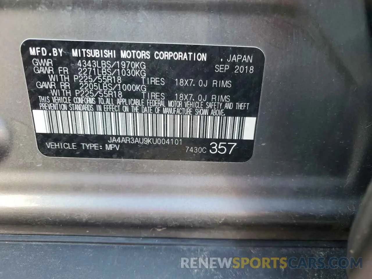13 fotografías del automóvil dañado JA4AR3AU9KU004101 MITSUBISHI OUTLANDER 2019