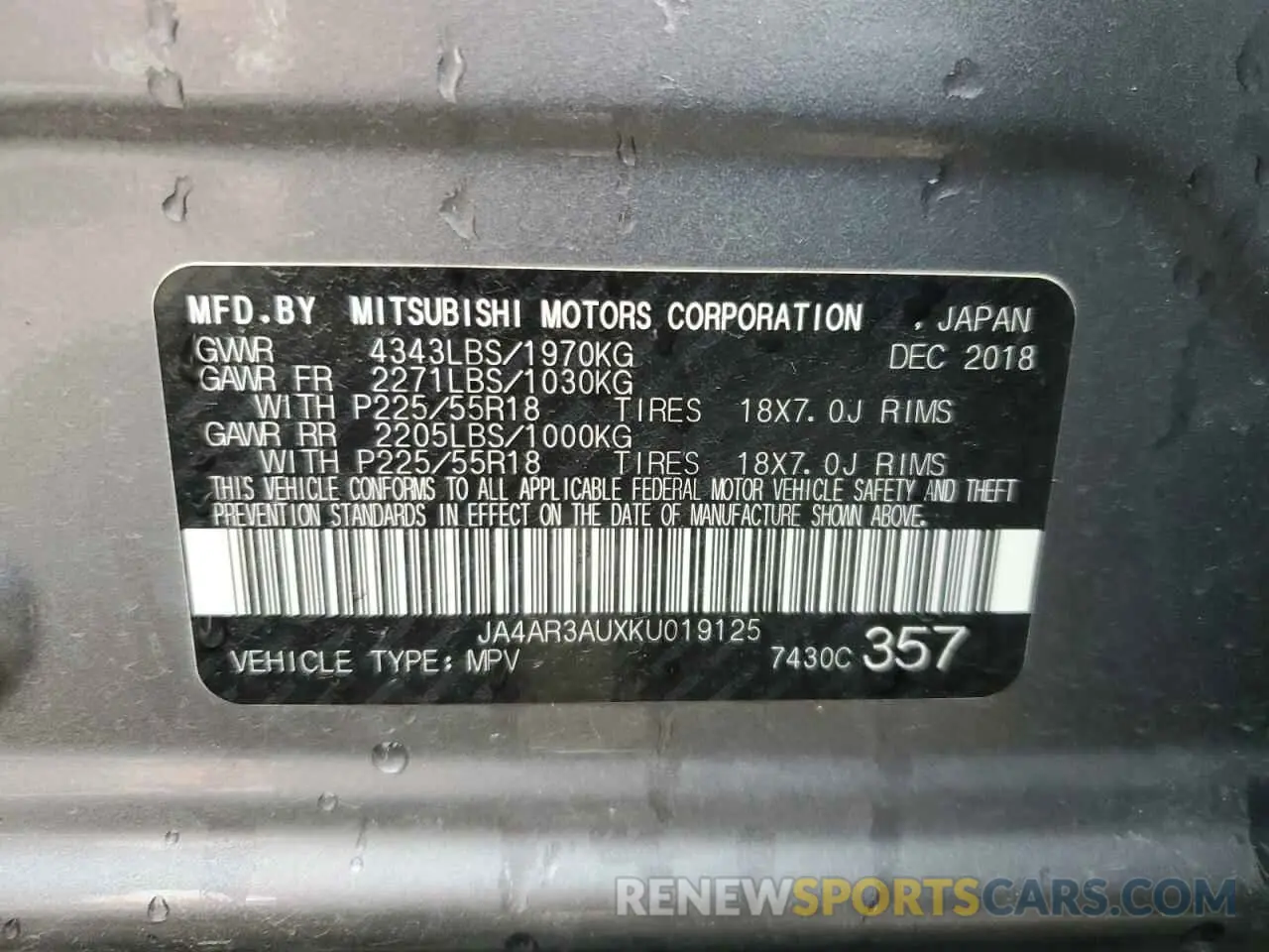 13 fotografías del automóvil dañado JA4AR3AUXKU019125 MITSUBISHI OUTLANDER 2019
