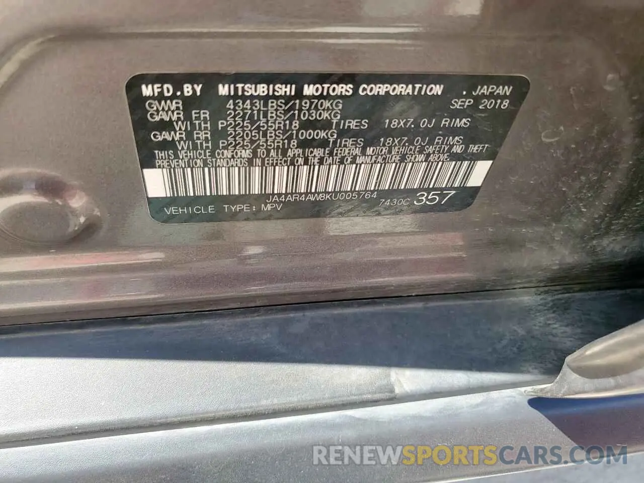 12 fotografías del automóvil dañado JA4AR4AW8KU005764 MITSUBISHI OUTLANDER 2019