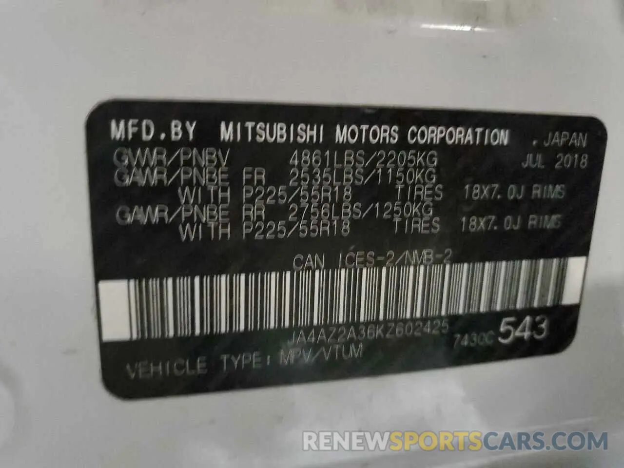 14 fotografías del automóvil dañado JA4AZ2A36KZ602425 MITSUBISHI OUTLANDER 2019