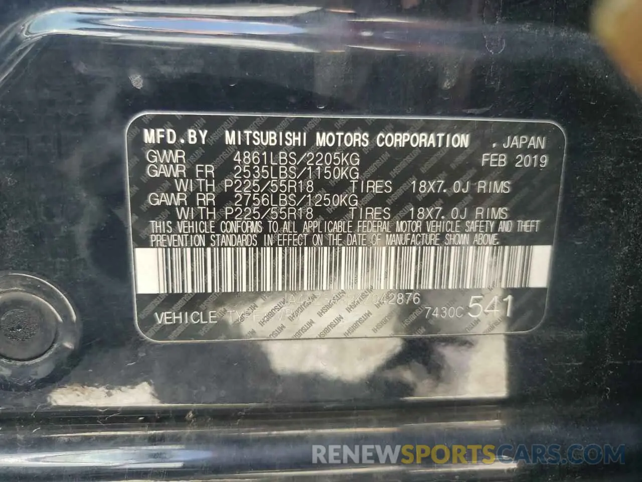 13 fotografías del automóvil dañado JA4AZ3A32KZ042876 MITSUBISHI OUTLANDER 2019