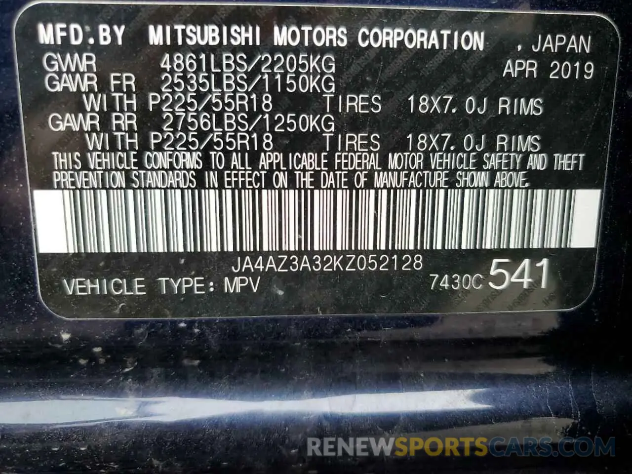 13 fotografías del automóvil dañado JA4AZ3A32KZ052128 MITSUBISHI OUTLANDER 2019