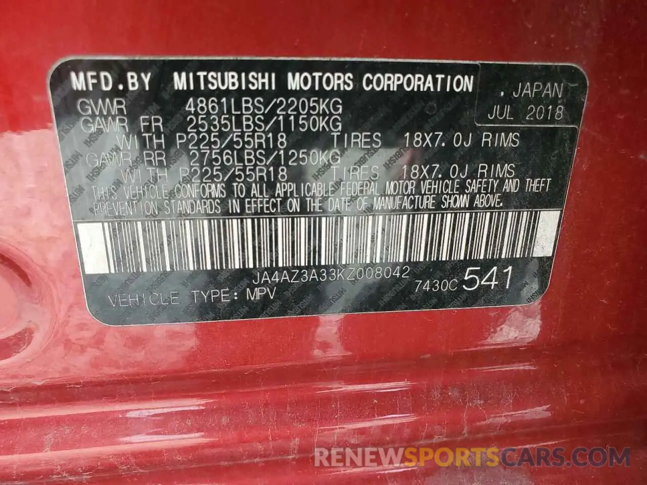 13 fotografías del automóvil dañado JA4AZ3A33KZ008042 MITSUBISHI OUTLANDER 2019