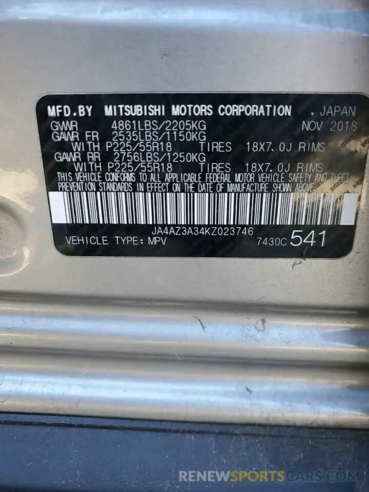 14 fotografías del automóvil dañado JA4AZ3A34KZ023746 MITSUBISHI OUTLANDER 2019