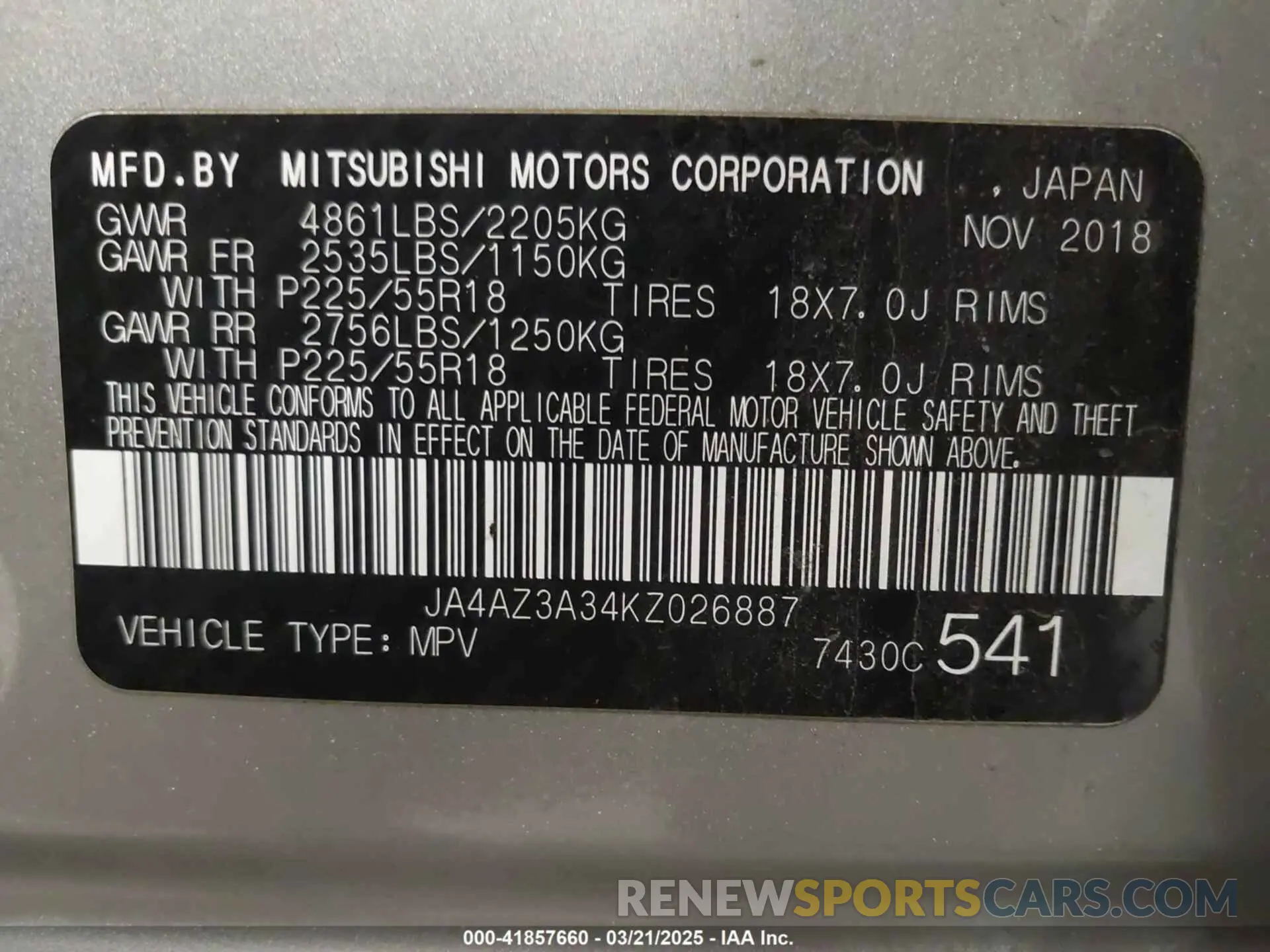 9 fotografías del automóvil dañado JA4AZ3A34KZ026887 MITSUBISHI OUTLANDER 2019