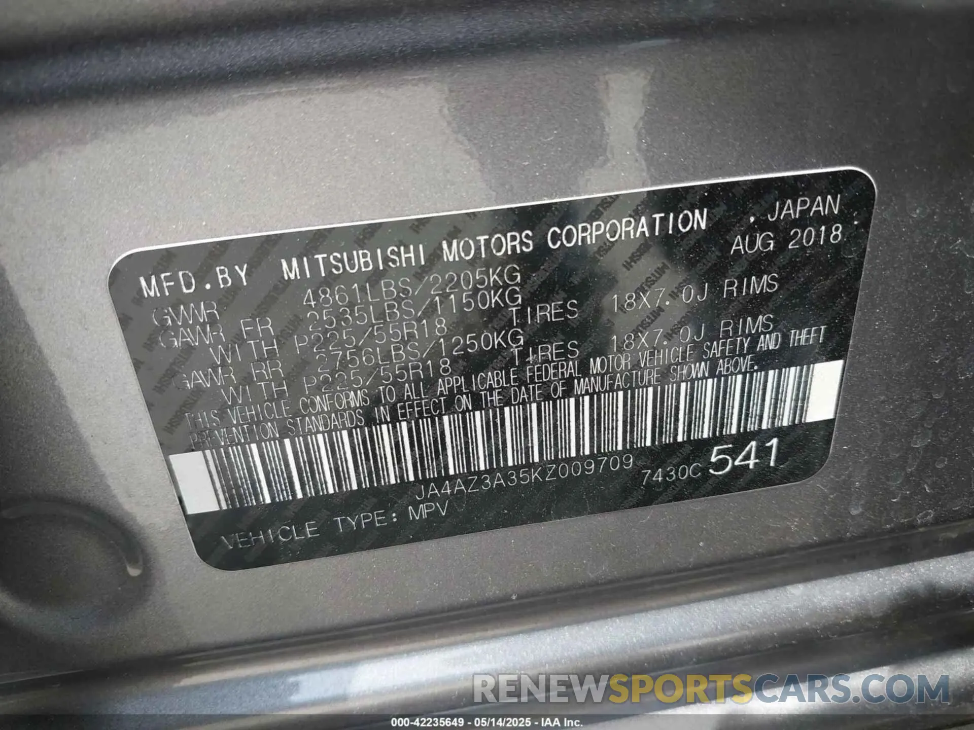 9 fotografías del automóvil dañado JA4AZ3A35KZ009709 MITSUBISHI OUTLANDER 2019