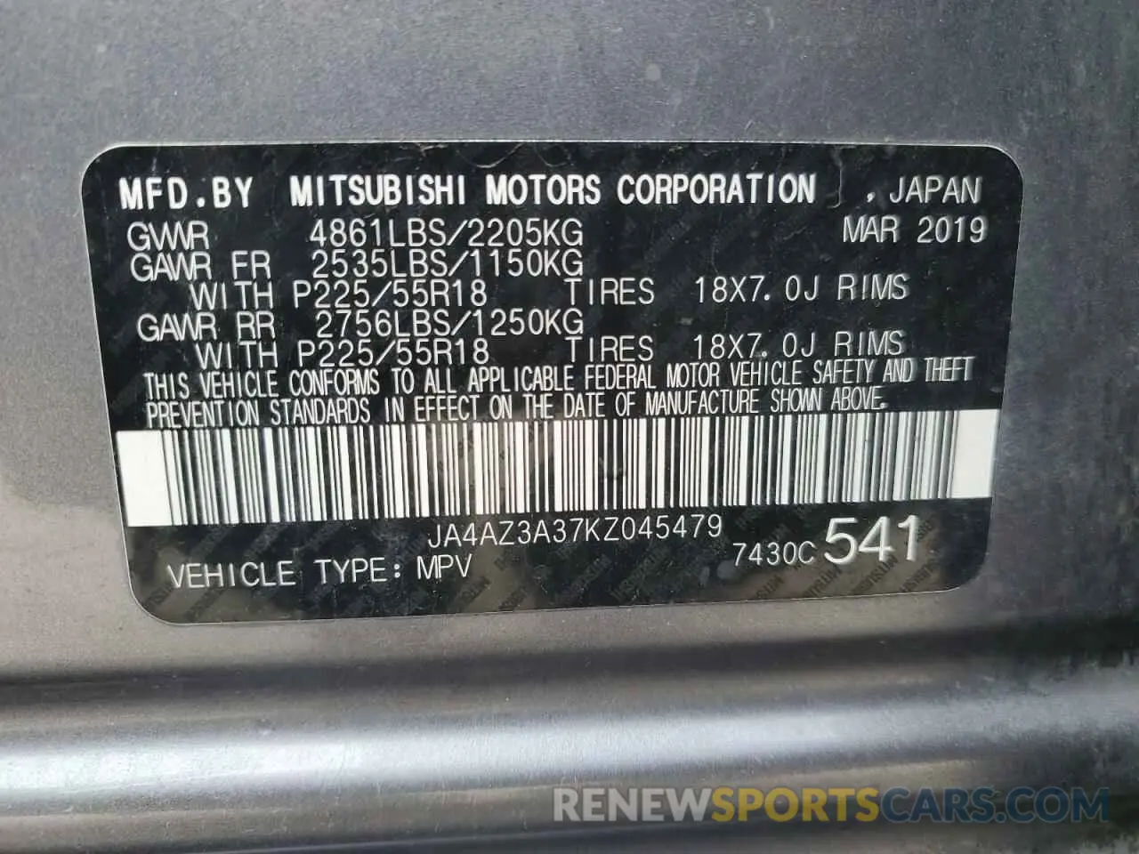 14 fotografías del automóvil dañado JA4AZ3A37KZ045479 MITSUBISHI OUTLANDER 2019