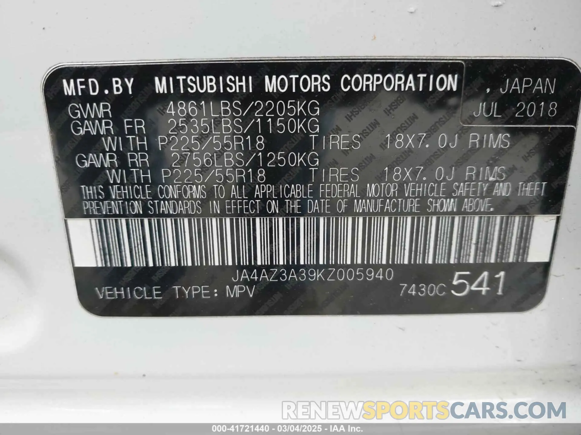 9 fotografías del automóvil dañado JA4AZ3A39KZ005940 MITSUBISHI OUTLANDER 2019