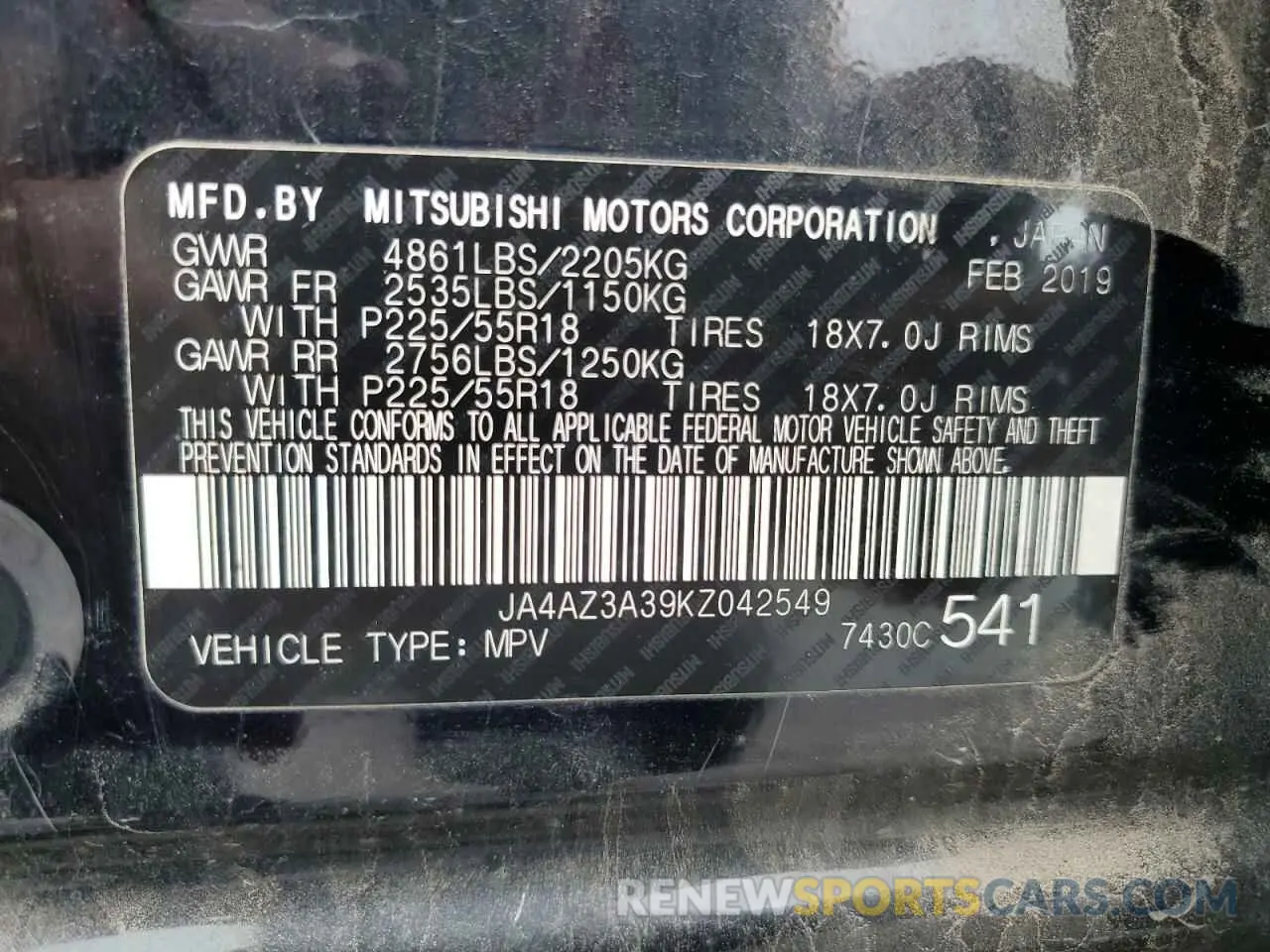 14 fotografías del automóvil dañado JA4AZ3A39KZ042549 MITSUBISHI OUTLANDER 2019