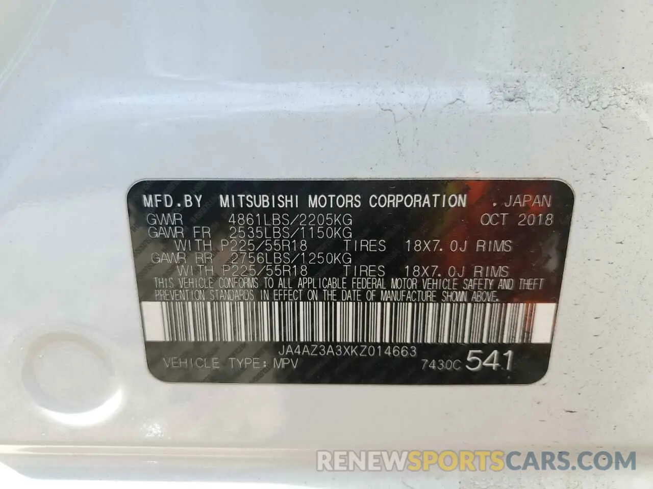 14 fotografías del automóvil dañado JA4AZ3A3XKZ014663 MITSUBISHI OUTLANDER 2019