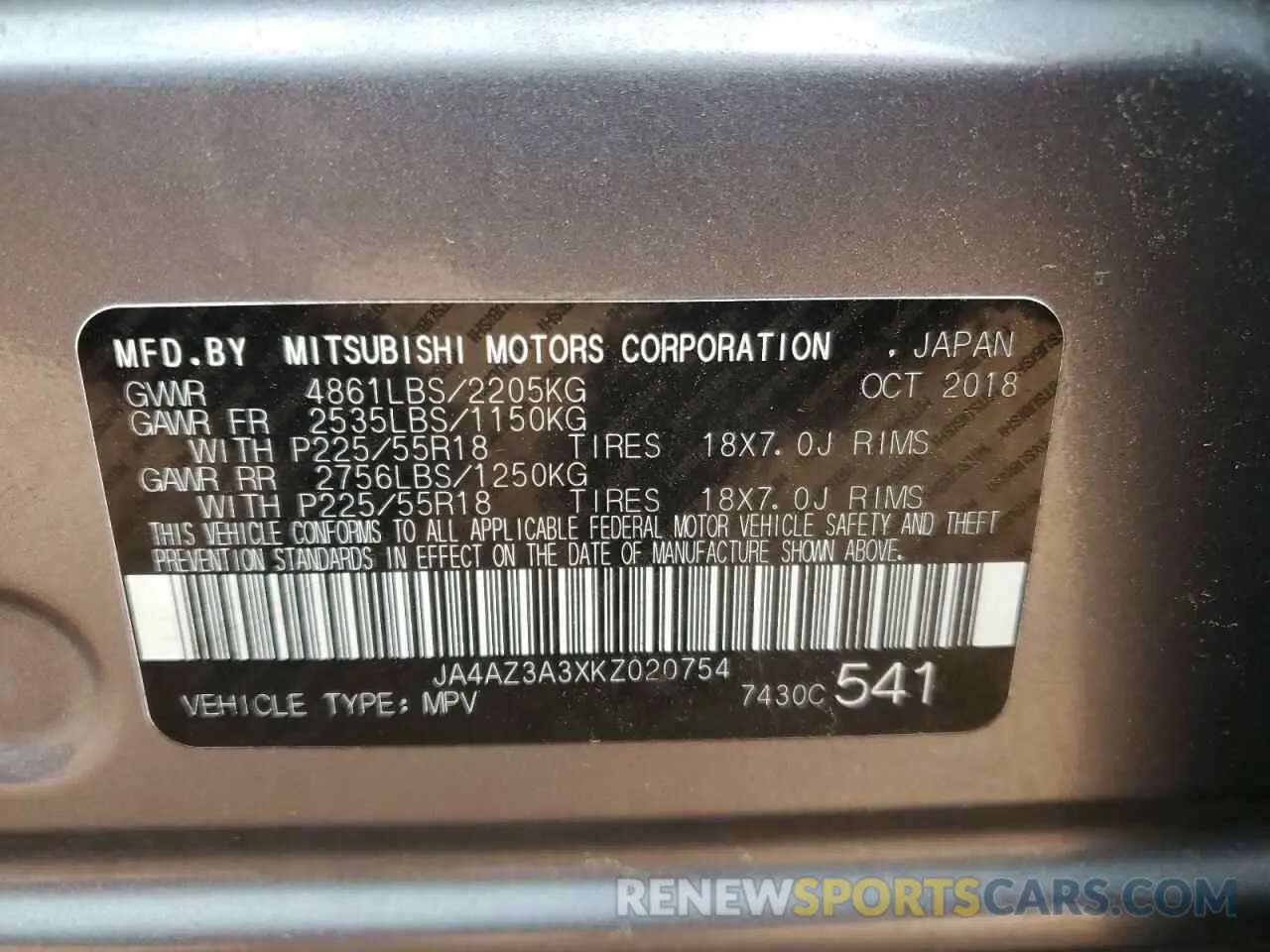 13 fotografías del automóvil dañado JA4AZ3A3XKZ020754 MITSUBISHI OUTLANDER 2019
