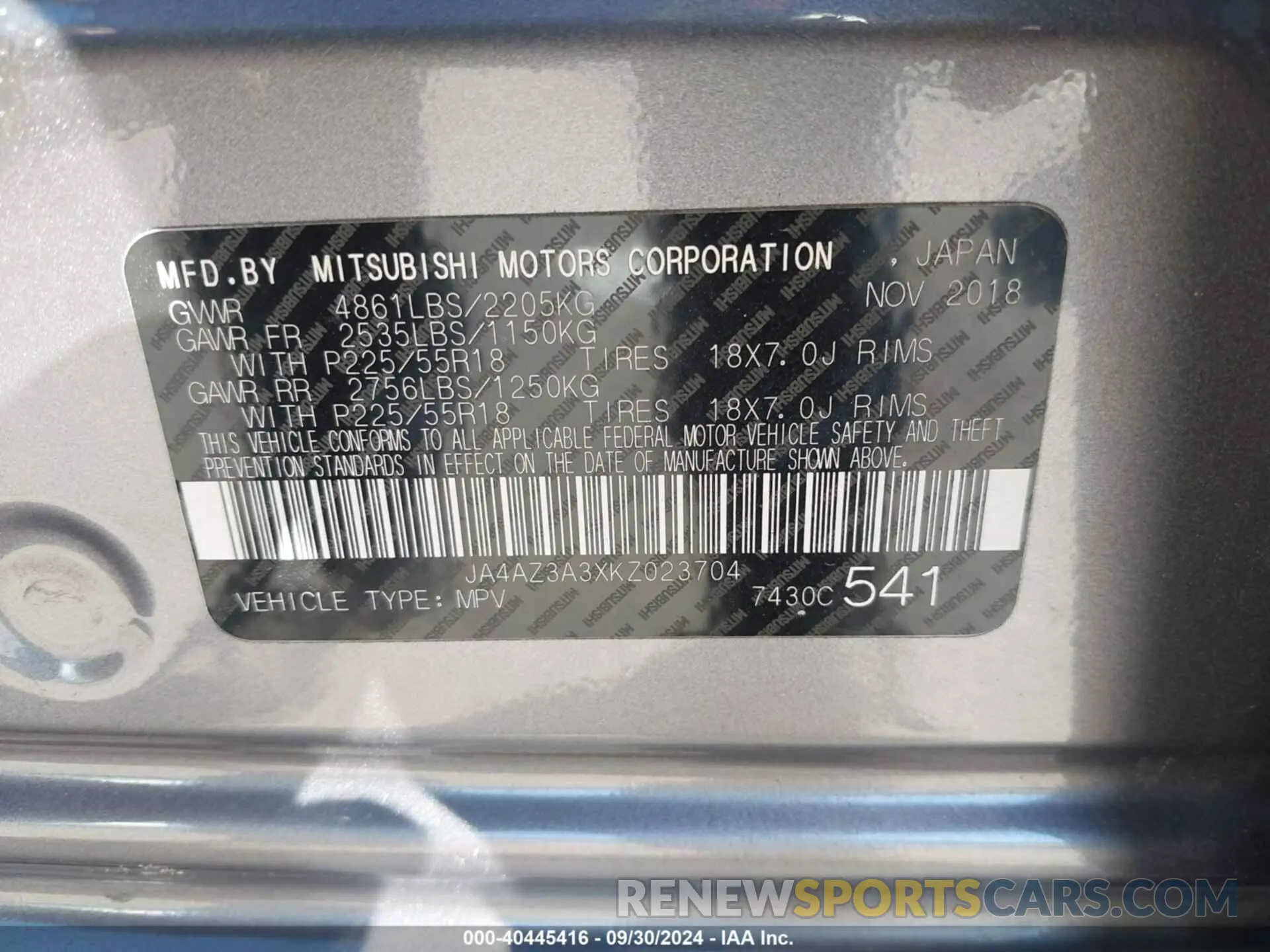 9 fotografías del automóvil dañado JA4AZ3A3XKZ023704 MITSUBISHI OUTLANDER 2019