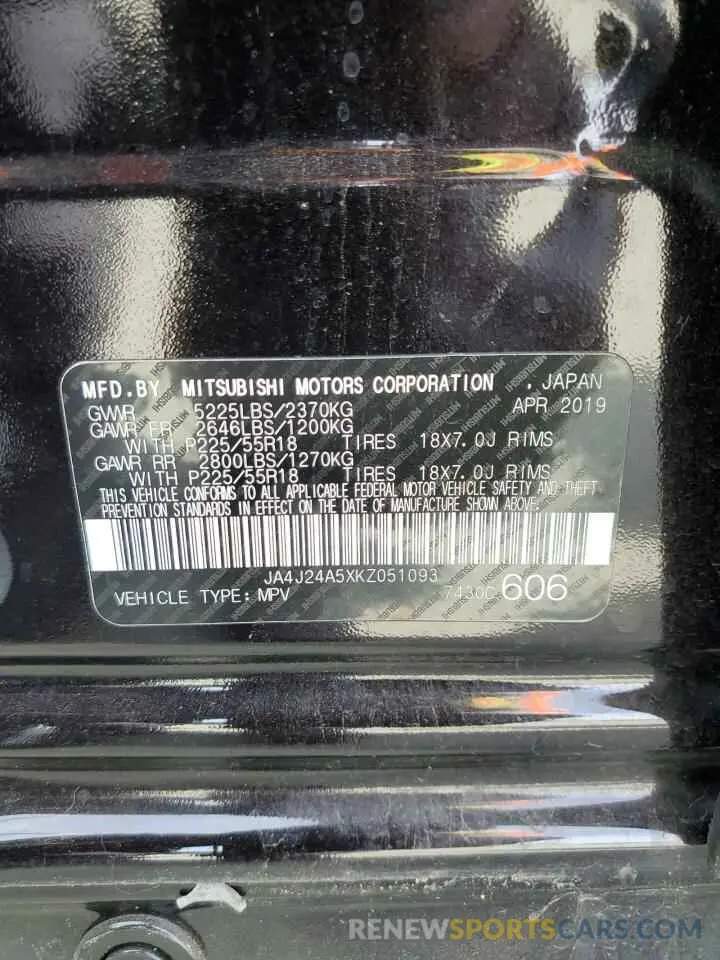13 fotografías del automóvil dañado JA4J24A5XKZ051093 MITSUBISHI OUTLANDER 2019