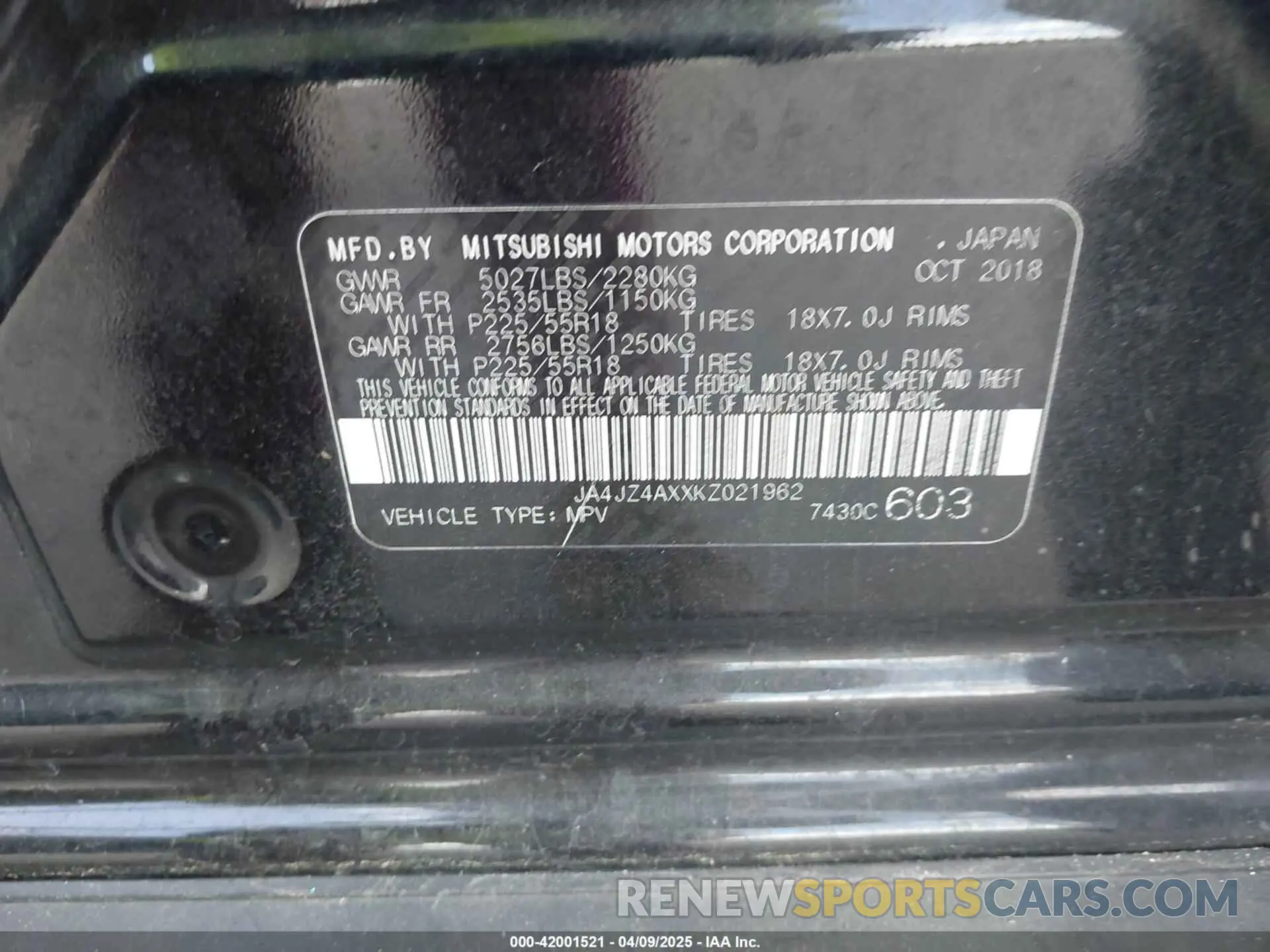 9 fotografías del automóvil dañado JA4JZ4AXXKZ021962 MITSUBISHI OUTLANDER 2019