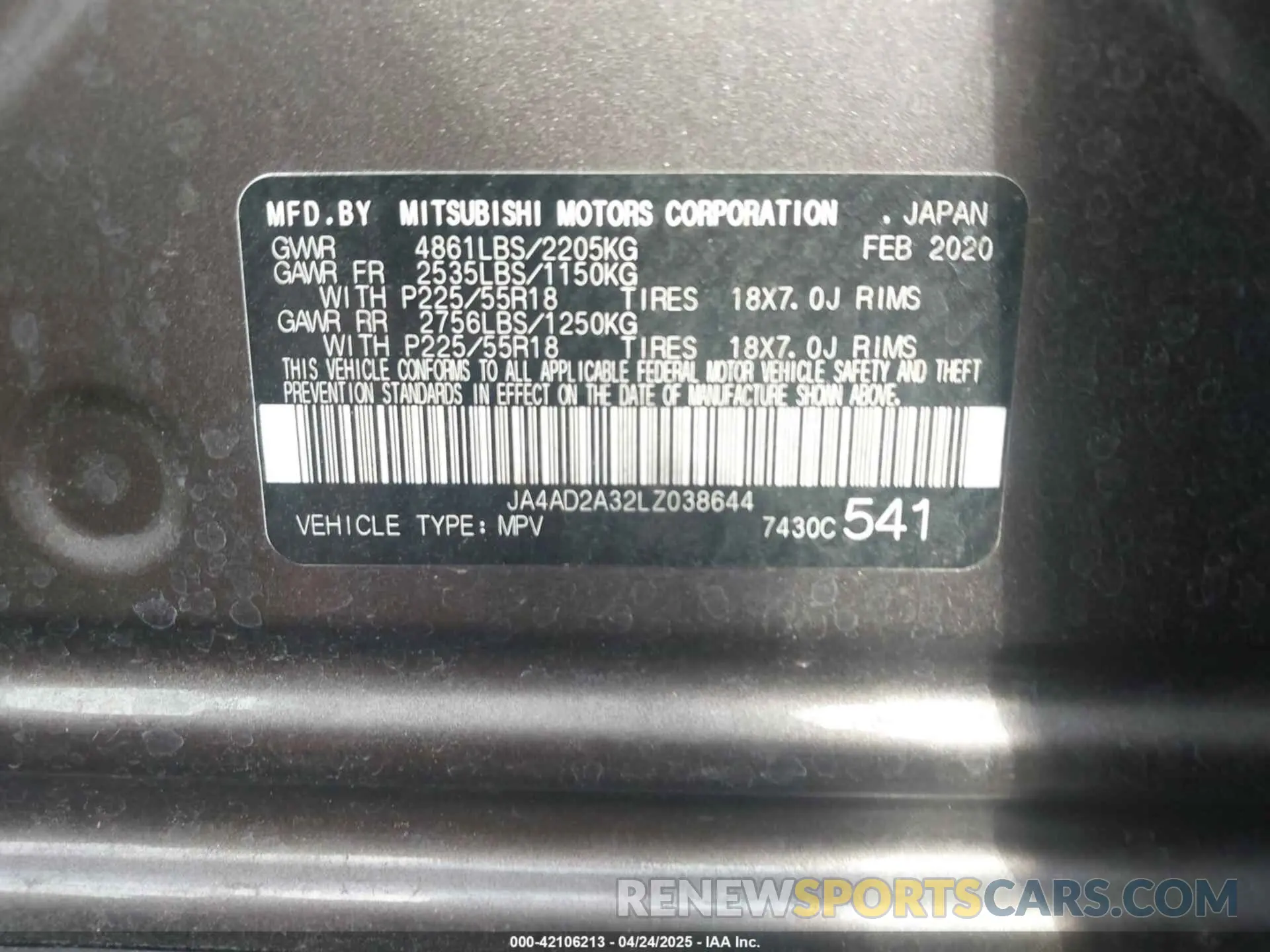 9 fotografías del automóvil dañado JA4AD2A32LZ038644 MITSUBISHI OUTLANDER 2020