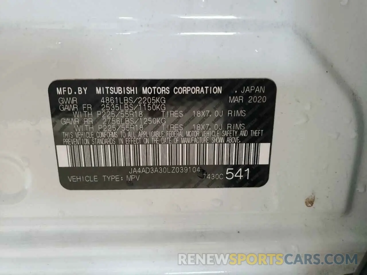 12 fotografías del automóvil dañado JA4AD3A30LZ039104 MITSUBISHI OUTLANDER 2020