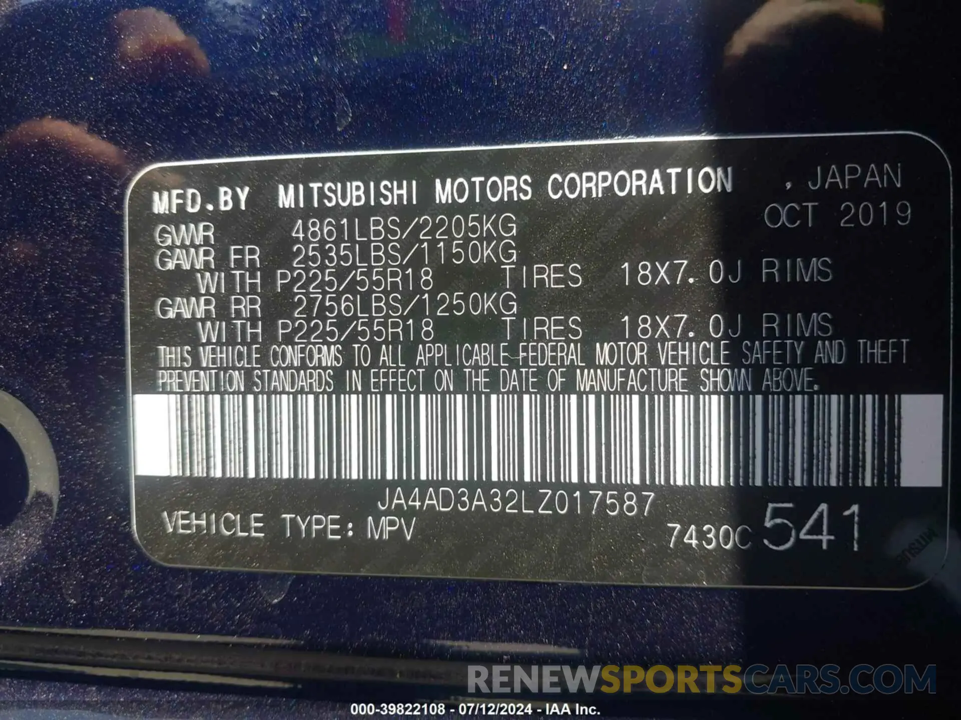 9 fotografías del automóvil dañado JA4AD3A32LZ017587 MITSUBISHI OUTLANDER 2020