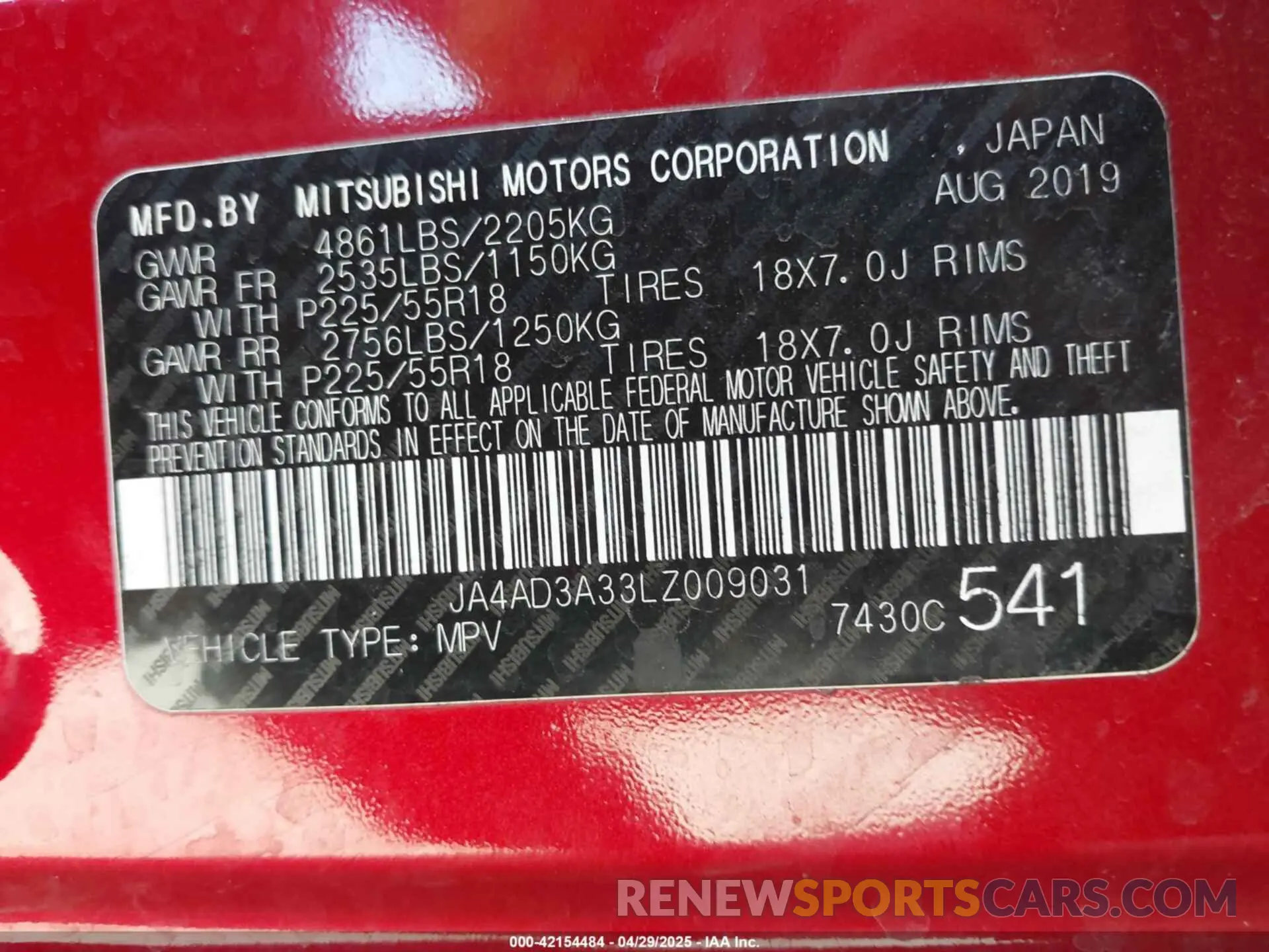9 fotografías del automóvil dañado JA4AD3A33LZ009031 MITSUBISHI OUTLANDER 2020