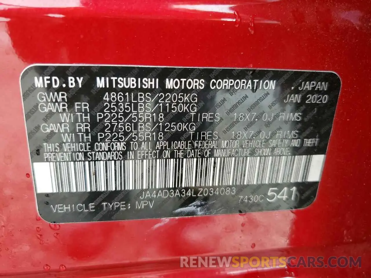 12 fotografías del automóvil dañado JA4AD3A34LZ034083 MITSUBISHI OUTLANDER 2020