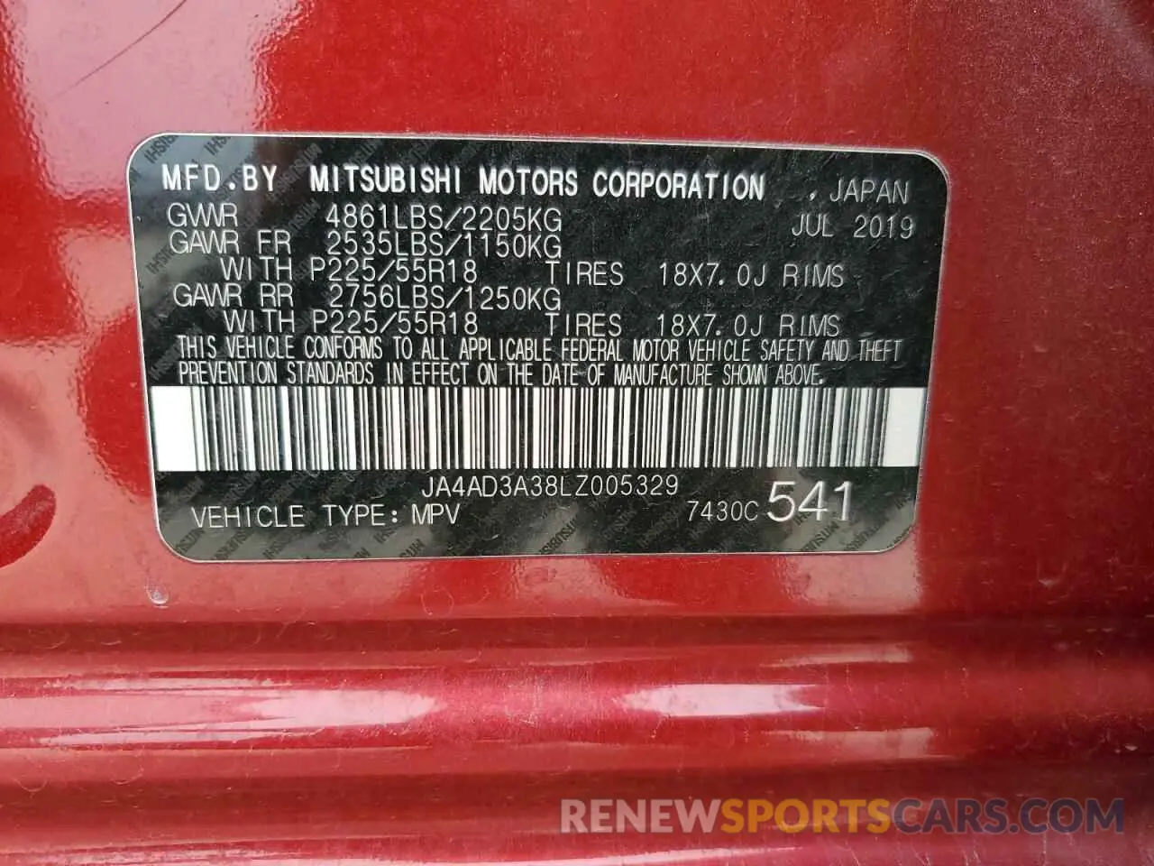 13 fotografías del automóvil dañado JA4AD3A38LZ005329 MITSUBISHI OUTLANDER 2020